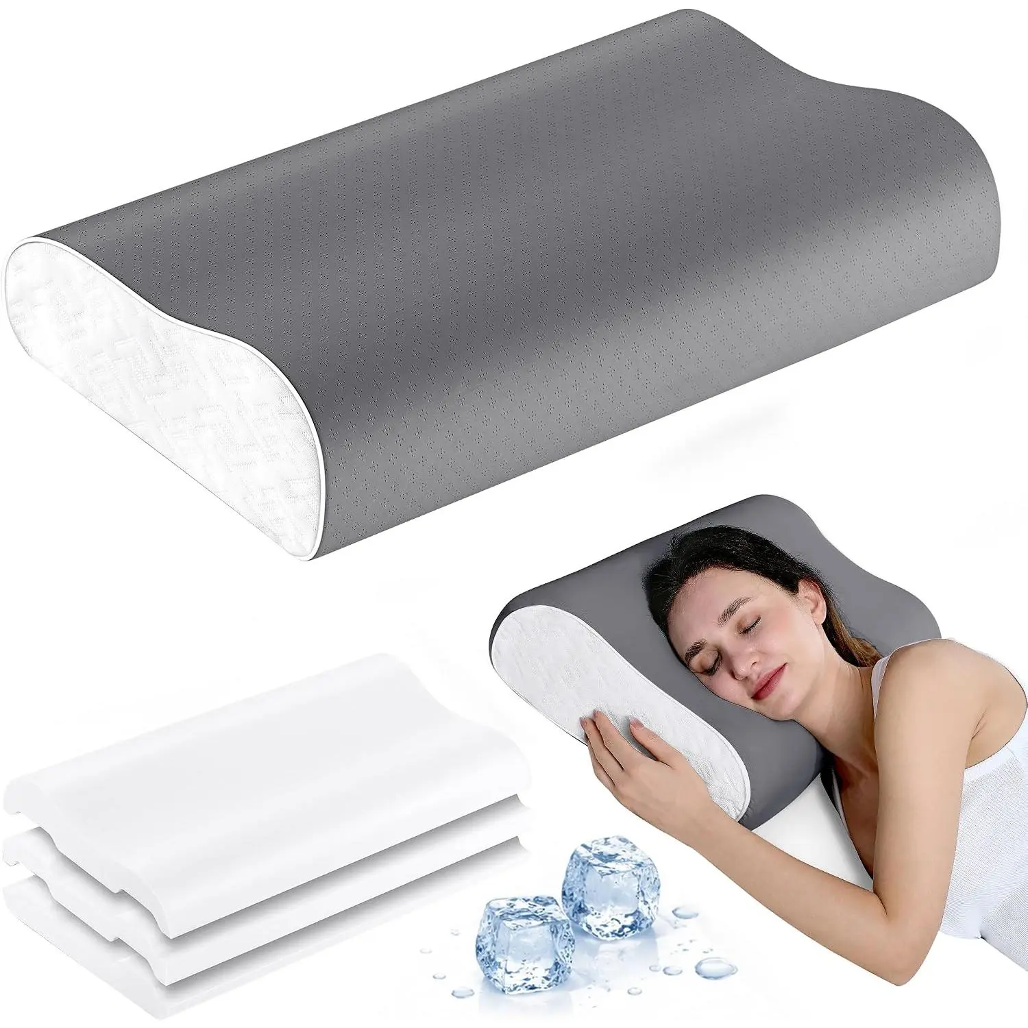 Cooling Memory   Pillow  Bed Pillow | Adjustable Height  Pillow for  Support with Breathable Cover for Side  &  Sleeper, 23.6"×14"×5.3"