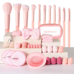 45-Piece Complete Makeup Tool Set, Brush Powder Puff Sponge Eyelash Curler Combo, Portable Full Face Makeup Kit for Beginners