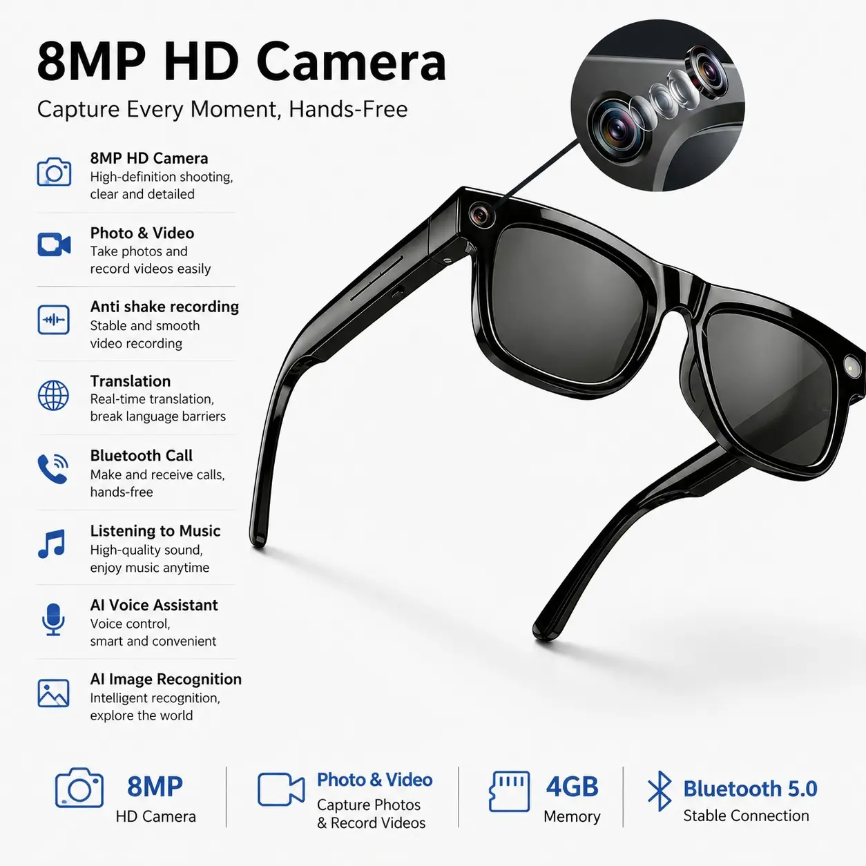 800mp Smart Glasses, Video Recording, Ai Photo Recognition, Bluetooth-compatible Calling, Voice Translation, Unisex Multifunctional Smart Glasses, Ai Smart Glasses With Camera, Wearable Tech Glasses