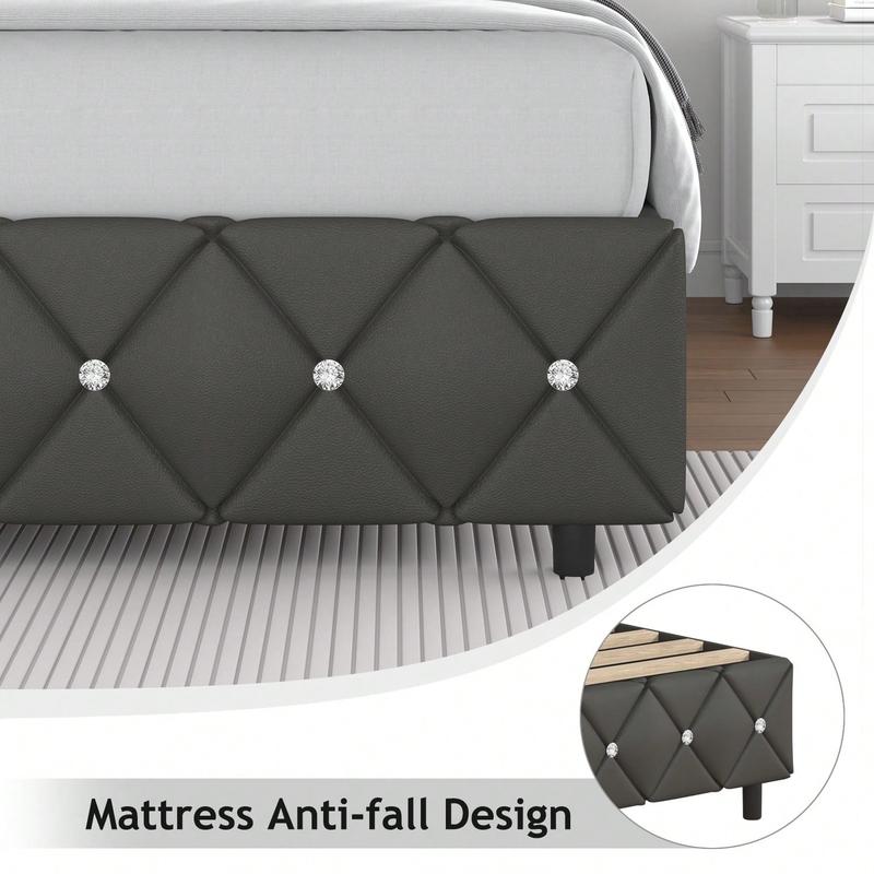 Romantic Luxury Upholstered Bed Frame with Diamond Headboard & Footboard Twin Full Queen Sizes Pearl White Beige Black Grey Pink Purple Green Modern Trendy Sturdy Anti-noise