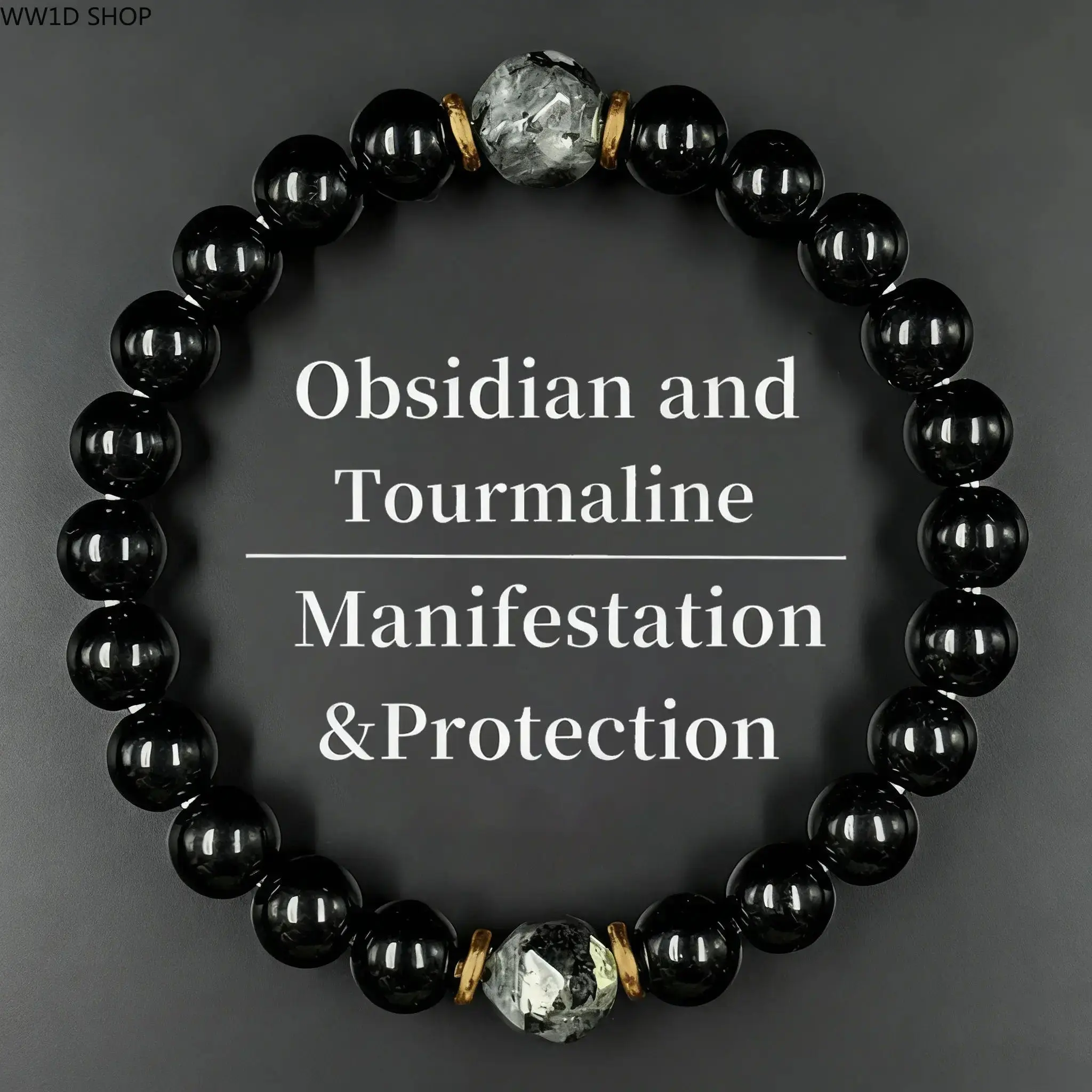 Obsidian & Black Tourmaline Bracelet - Manifestation & Protection Prosperity Crystal Beads Jewelry for Men & Women, Christmas Gift, Gifts for Mother's Day, Valentine's, Birthday, Anniversary, Black Grounding Stone Beaded Bracelet summerwins FathersDayGift