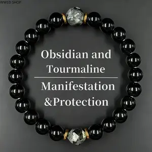 Obsidian & Black Tourmaline Bracelet - Manifestation & Protection Prosperity Crystal Beads Jewelry for Men & Women, Christmas Gift, Gifts for Mother's Day, Valentine's, Birthday, Anniversary, Black Grounding Stone Beaded Bracelet summerwins FathersDayGift
