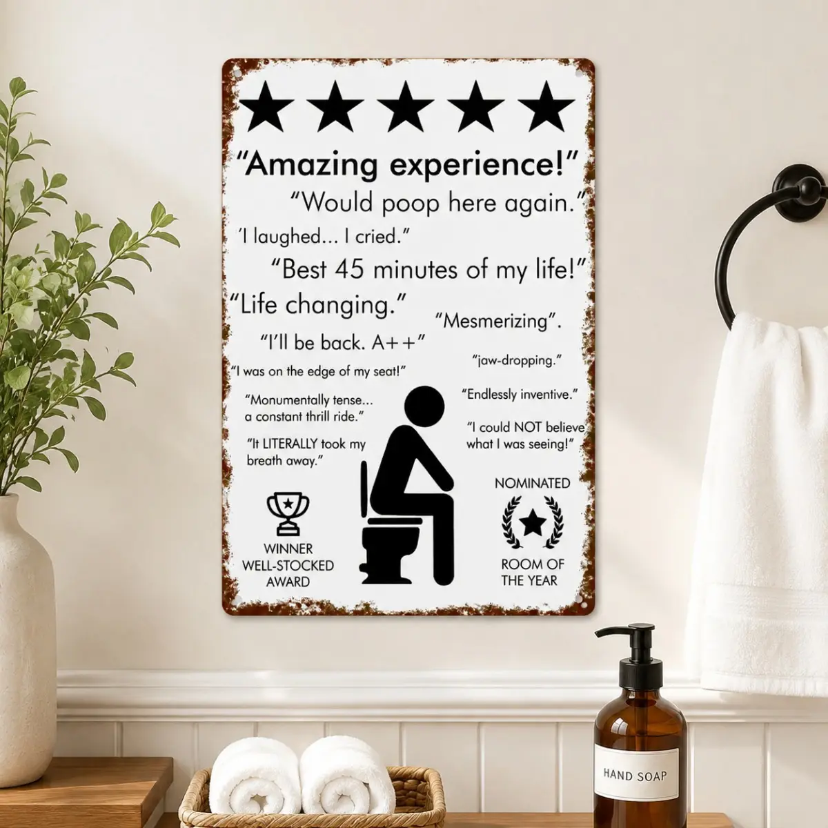 8x12 Inch Funny Bathroom Metal Sign, "Would Poop Here Again" Humor Wall Decor, 5 Star Review Style Plaque, Novelty Toilet Room Sign, Gift for Bathroom, Home Bar, Man Cave