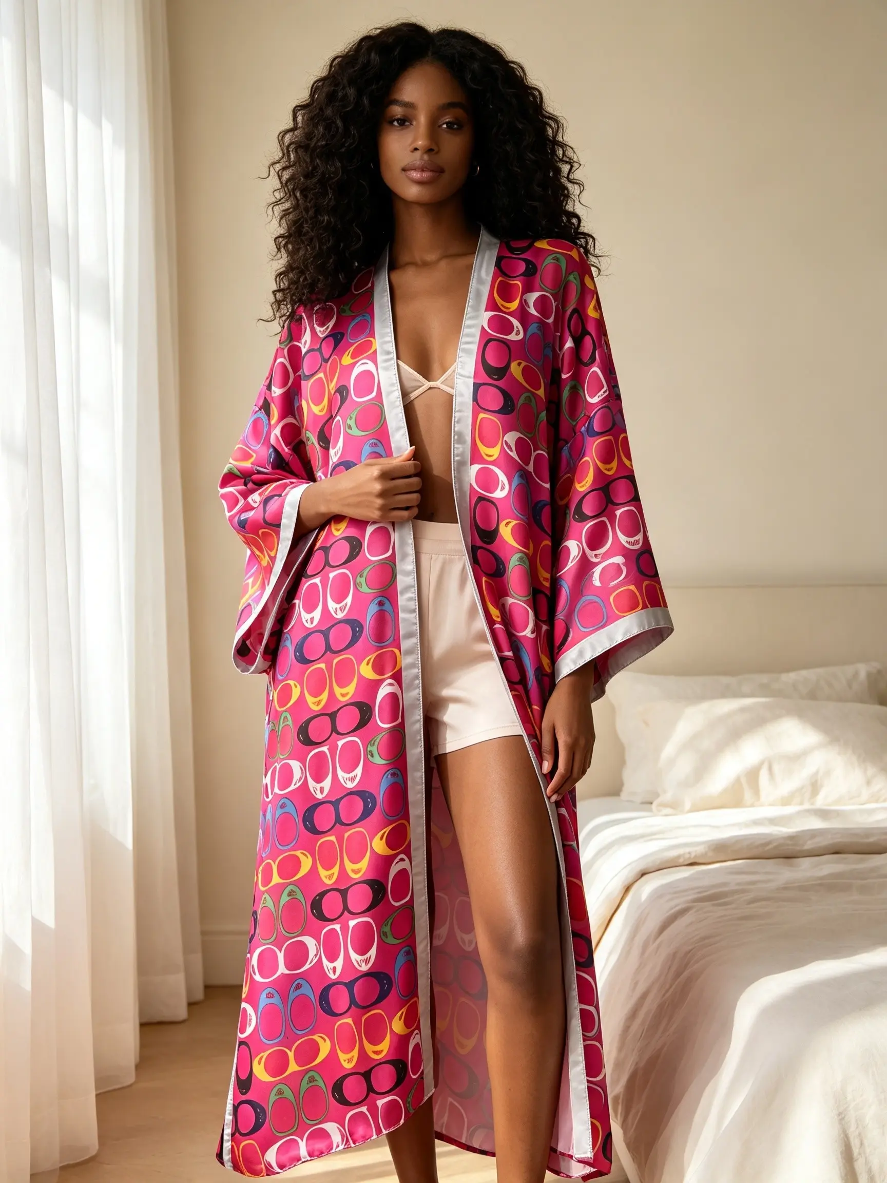 Women's Boho Style Colorful Print Long Kaftan, Batwing Sleeve Open Front, Soft Comfortable Home Wear, Fashion Sleepwear for All Seasons