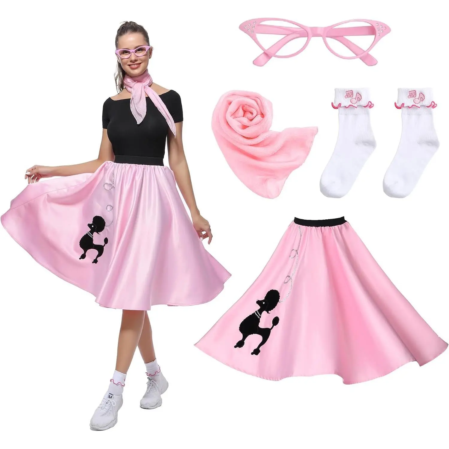 Women's 1950s Sock Hop Costume Set - Poodle Skirt with Scarf, Glasses, Socks, 4-Piece Adult 50s Outfit(Gift)