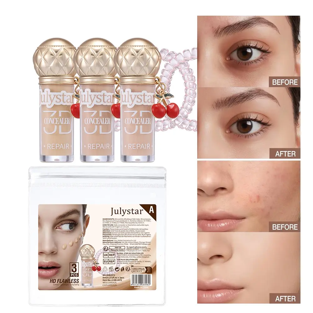 3-Pack Cream Concealer, Under Eye Brightener, Moisturizing, Medium Coverage Liquid Concealer, Skin Tone Corrector, Lightweight Texture, Conceals Blemishes