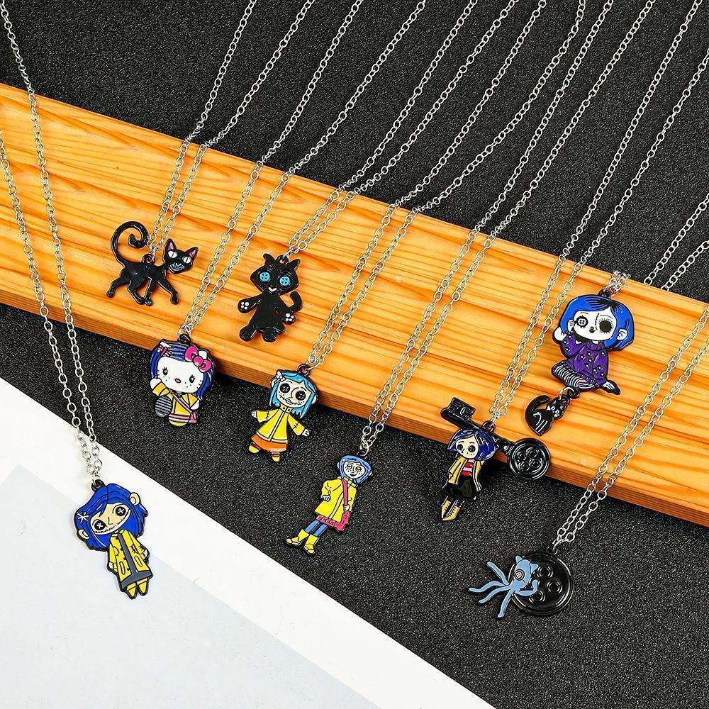 Ghost Mother Necklace Collection - Coraline Black Cat and Buttonhole Pendant, Tim Burton Gothic Jewelry