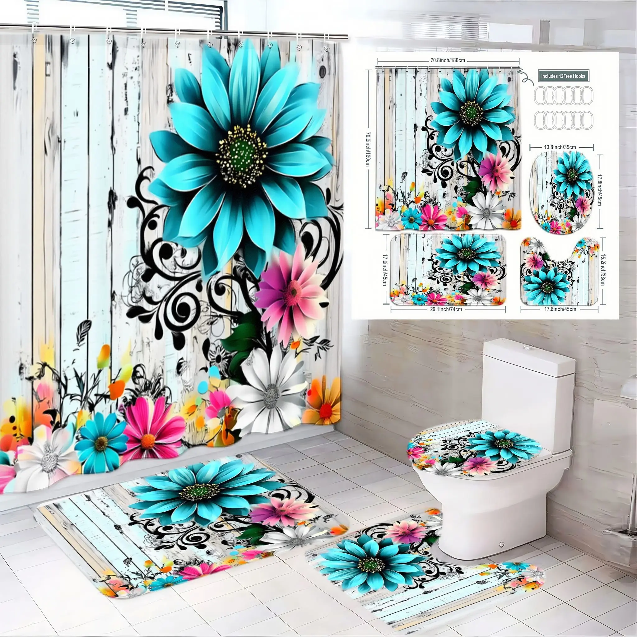 4pcs Vibrant Floral Bathroom Decor Set, Shower Curtain Sets - Turquoise Flower Shower Curtain, Toilet Seat Cover & Bath Mats with Weathered White Wood Background and Black Filigree Accents
