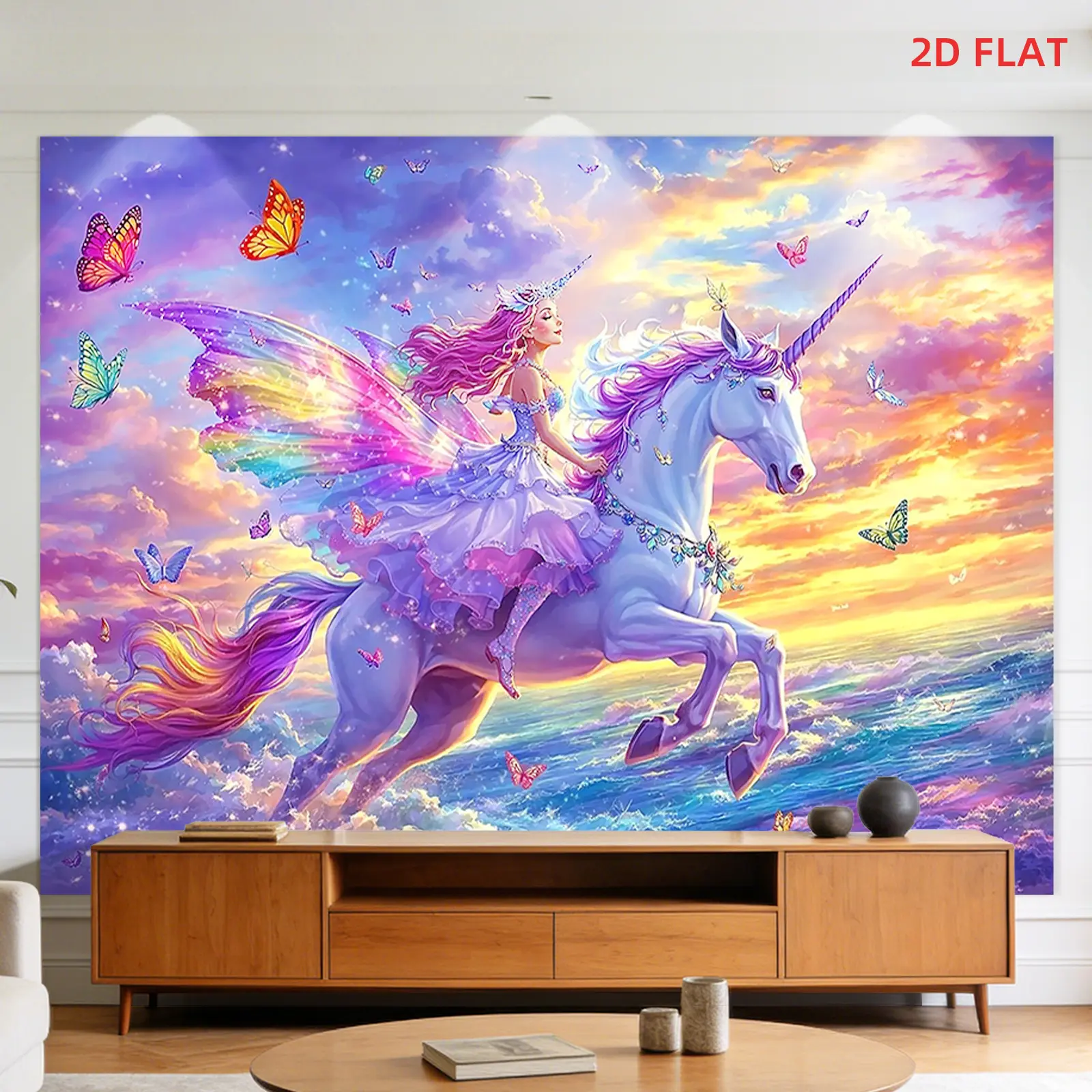 2D Flat, [2D Flat Printing] 1 Large Size Pattern Printing Tapestry- Fairy, Unicorn, Fantasy, Butterfly, Sunset, Room Wall Decoration, Not Luminous, Suitable for Bedroom, Living Room, Meditation Area, Office, Party Decoration, 2D Flat