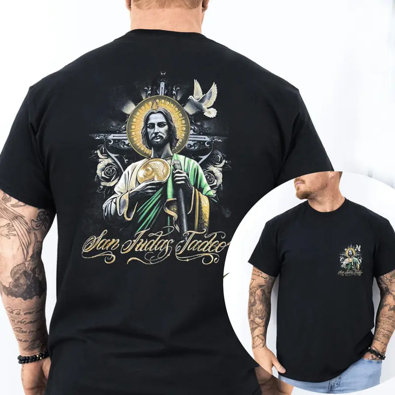 Menswear Unisex 100% Cotton San Judas Tadeo Religious Graphic Short-Sleeve Round Neck Fitted T-Shirt - Casual, All Seasons, Catholic Faith Mexican Latino Streetwear, Latinx Gift, Hand Wash Safe, Basic, Shortsleeve, Tshirt