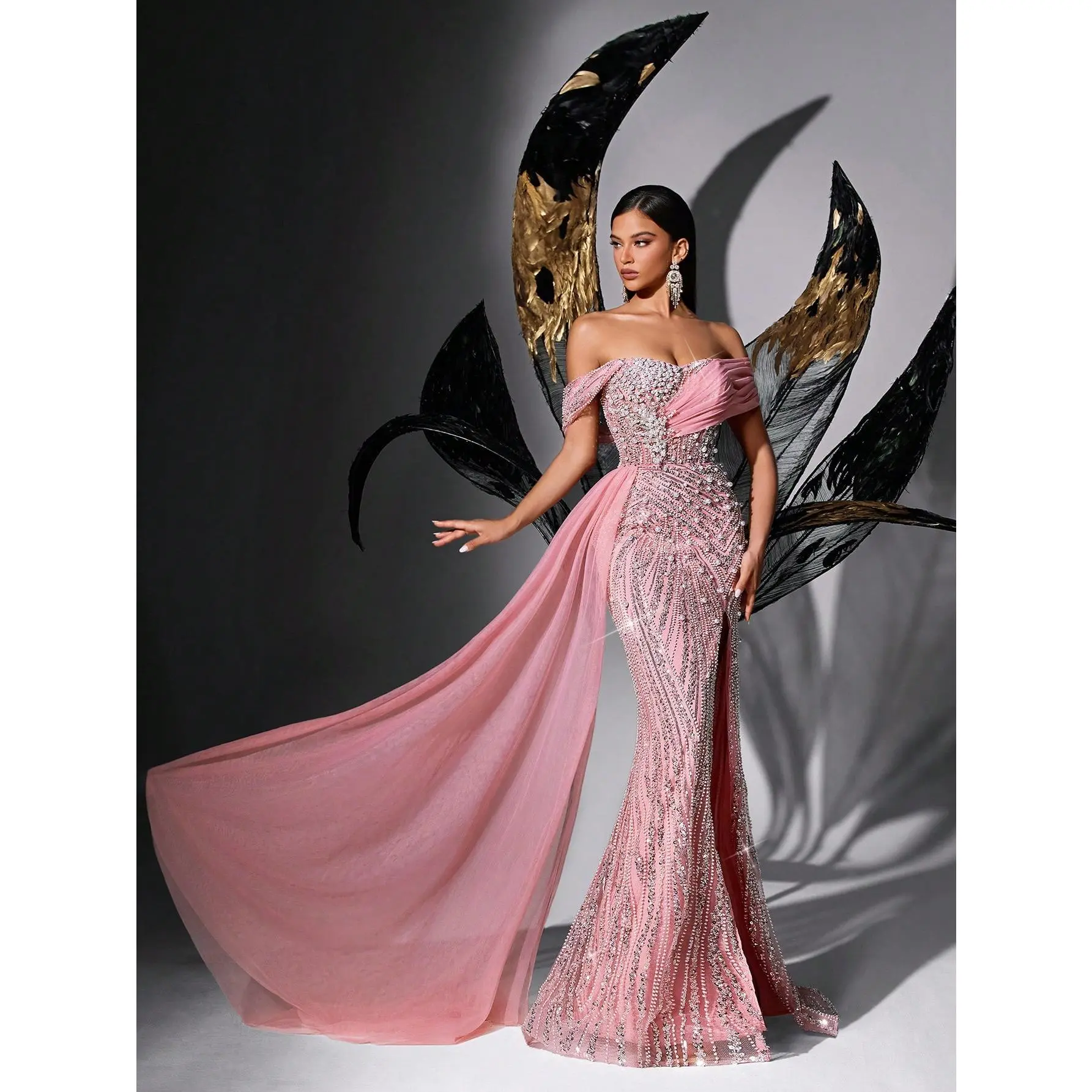 Asymmetrical Off Shoulder Vertical Dense Rhinestone Mermaid Gown, Single Side Oversize Mesh Train Floor Formal Dress For Fashion Studio & Red Carpet Shoot