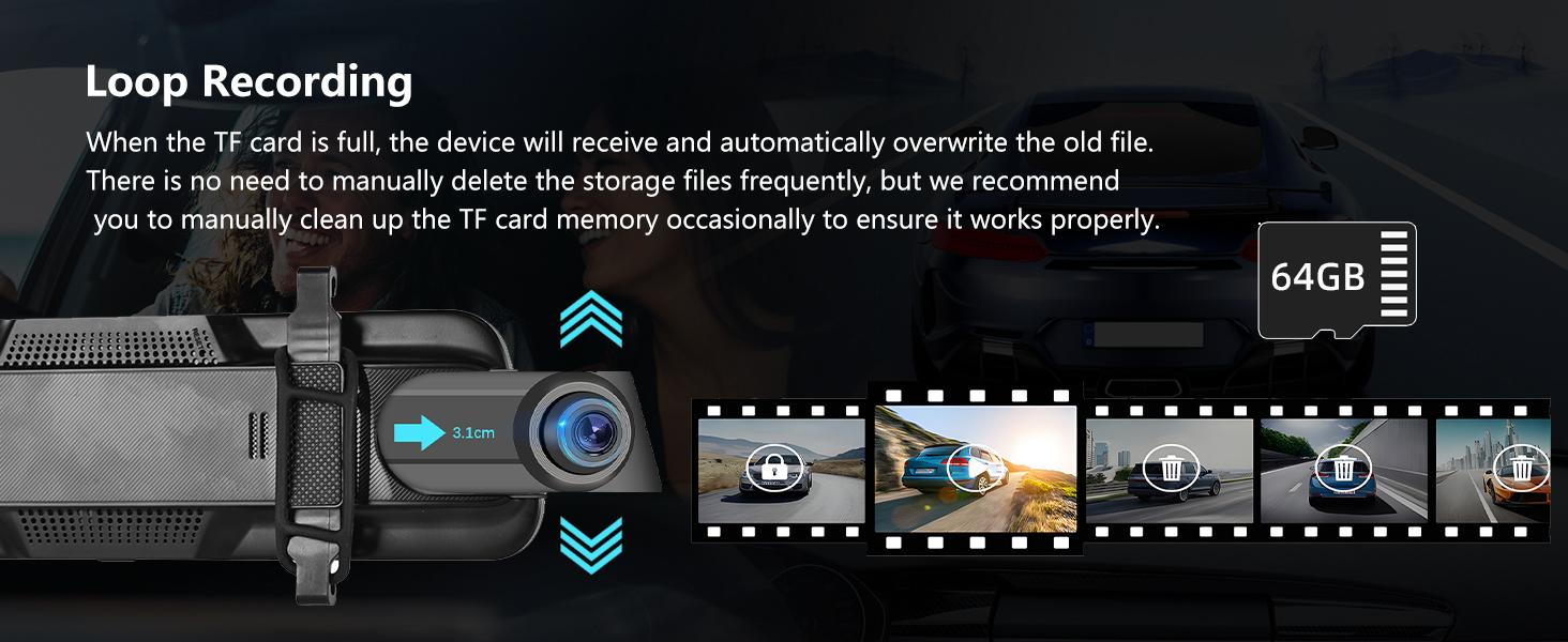 9.66" Carplay Mirror Dash Cam with Android Auto, Rear View Mirror Camera Front and Rear Dual Cameras Support Voice Control Night Vision Parking Assistance Monitoring 64G TF Card