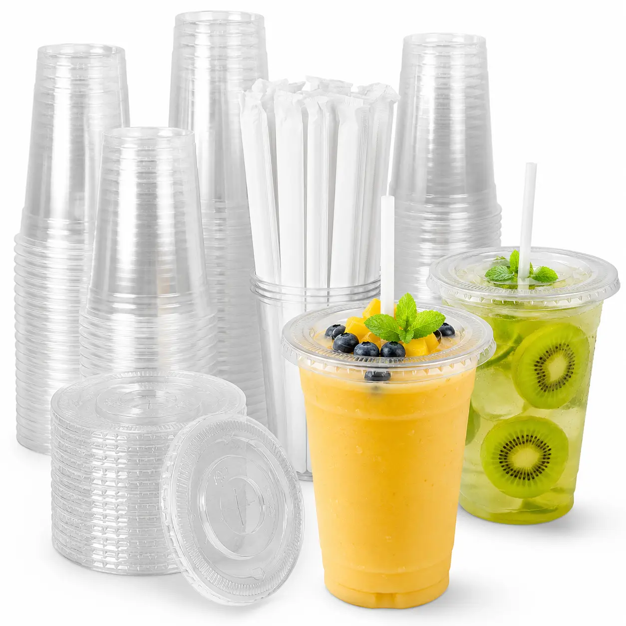 32 oz Clear Plastic Cups with Lids & Straws, 50 Pack Disposable Iced Coffee Cups, Leak-Proof PET Cups for Smoothies, Juice, Lemonade & Party Drinks Beverage Cups Fruit