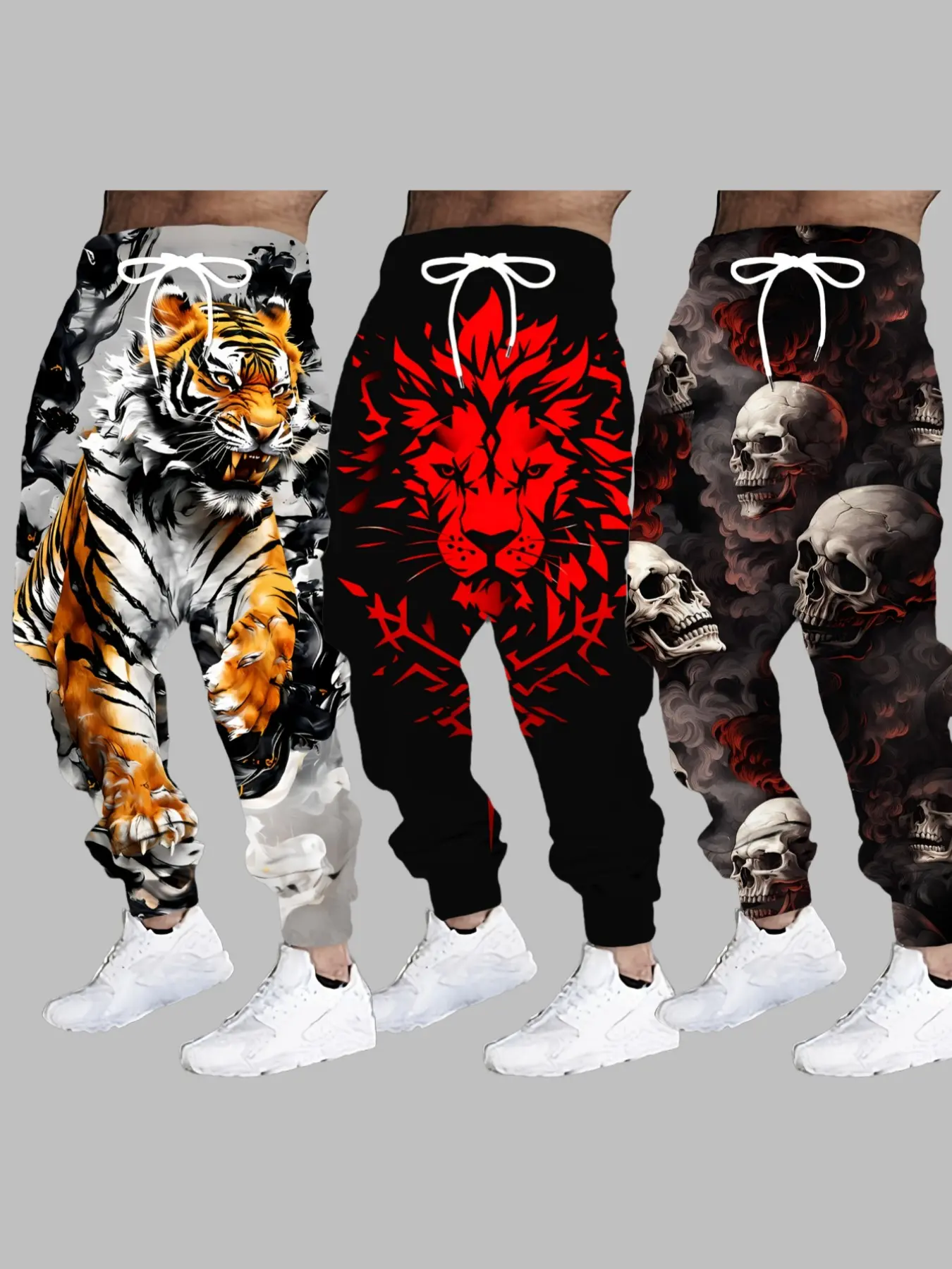 Men's Animal Pattern Sweatpants, Flame Lion Dark Wolf Group Colorblock Blood Wolf Full Print, Loose Fit Street Style, Comfortable Sports Pants