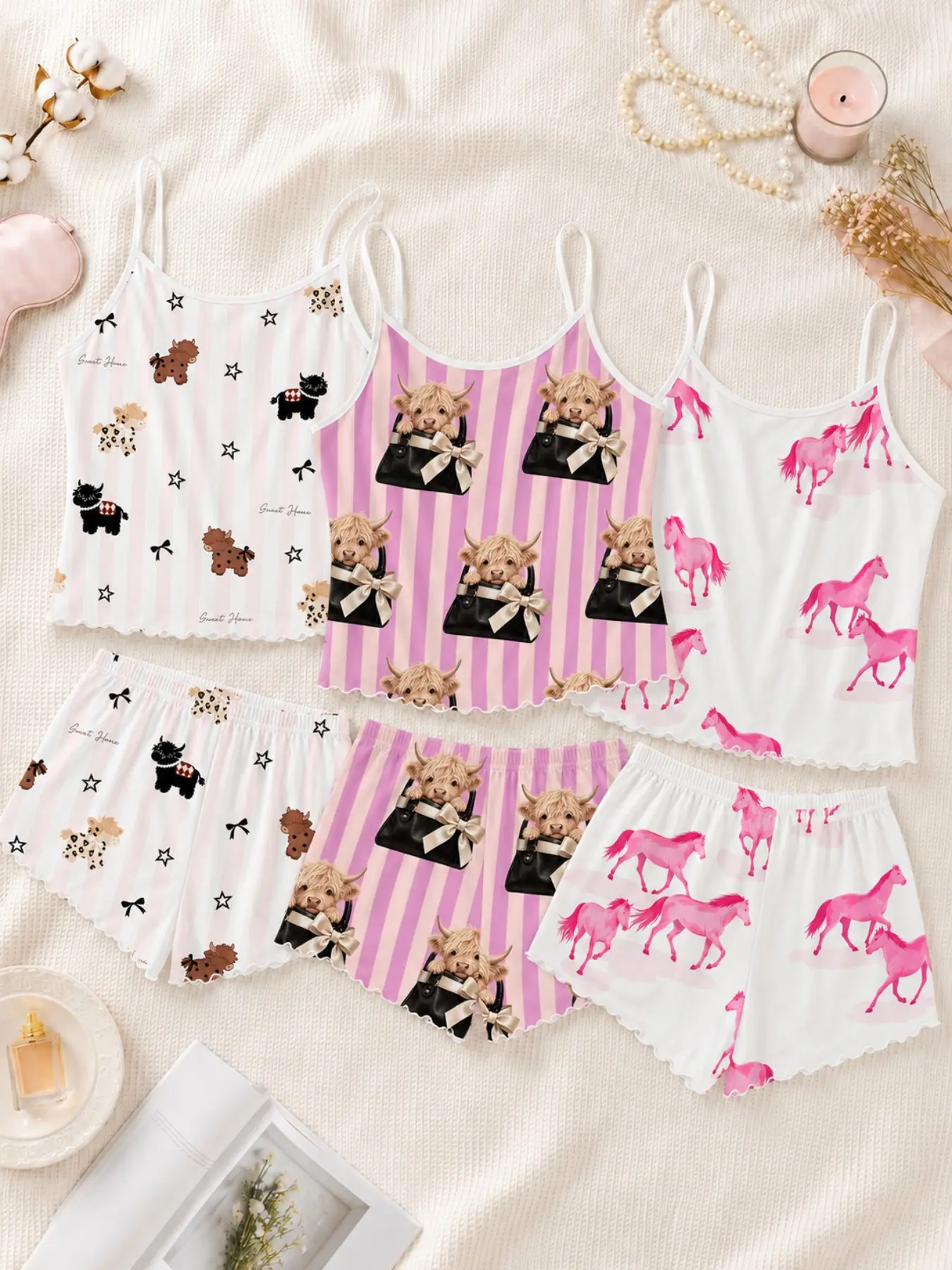 6-Piece Pajama Set, Casual Sleeveless Sleepwear, High-End Cow Print, Comfortable Home Wear, All Seasons, Above Knee Hems