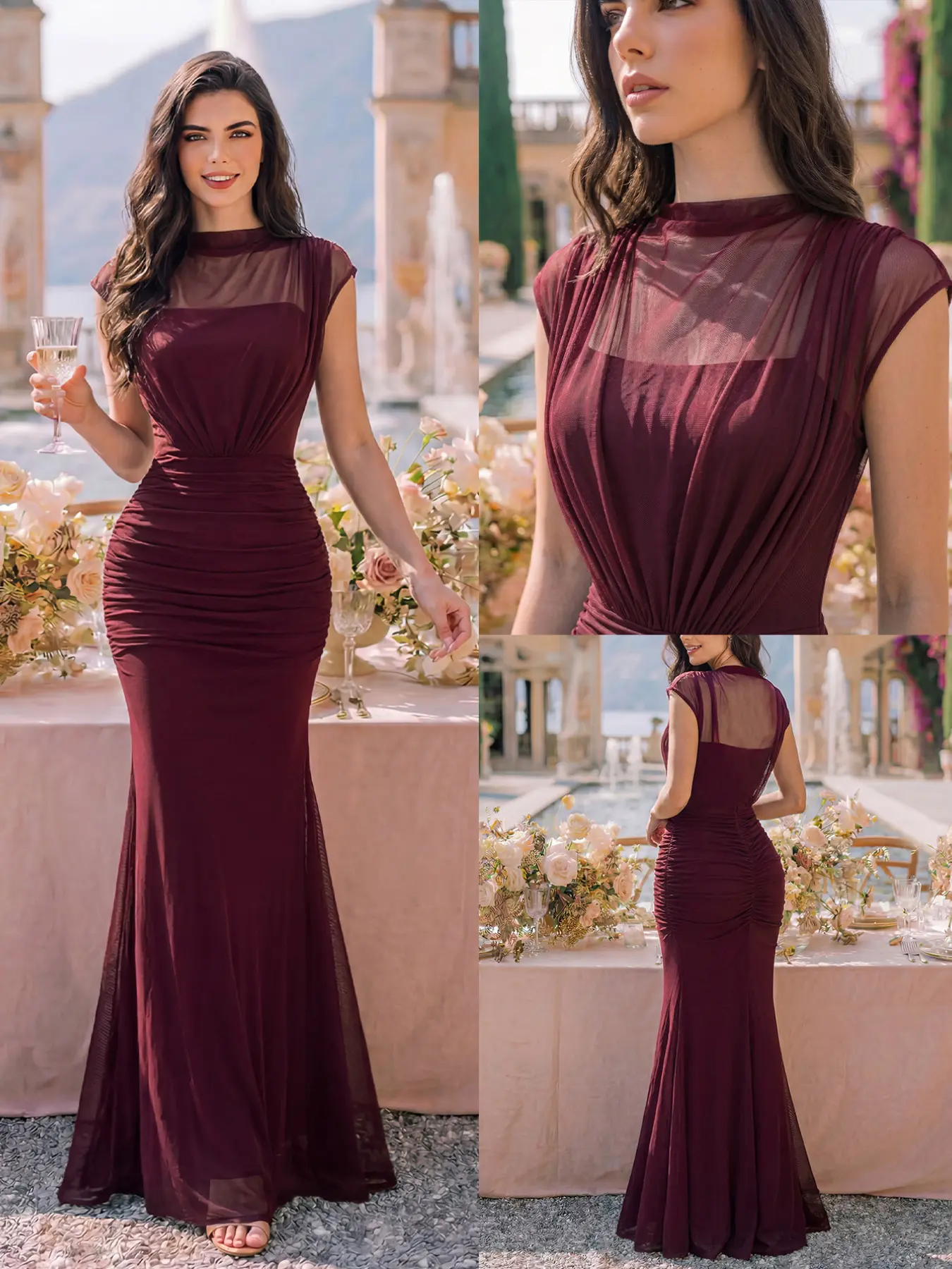 MIUSOL 55961B Ruched Mock Neck Fitted Waist Mermaid Hem Formal Elegant Maxi Dress，Formal Evening Gown，Suitable For Wedding Guest, Gala Dinner，Graduation Ceremony,