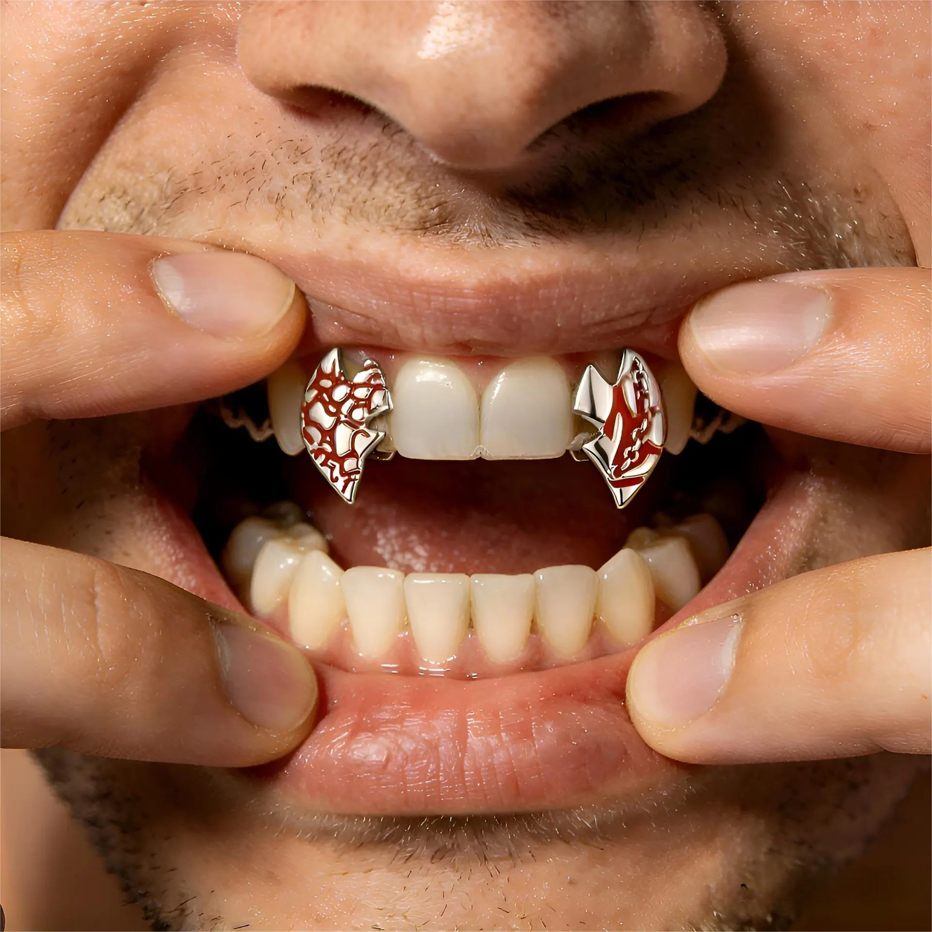 Vampire Fang Grillz, Hip Hop Metal Teeth Caps with Red Vine Pattern, Trendy Fashion Accessories for Adult Halloween Party, Daily, Body Jewelry Set, Fashion Unisex, Casual, Patterned