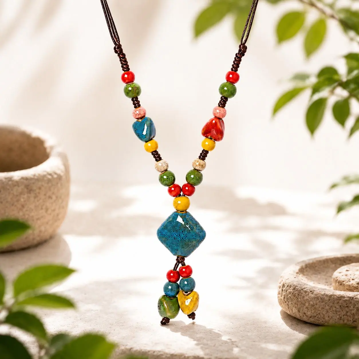 Boho Beaded Necklace for Women Vintage Adjustable Long Ceramic Beads Pendant | Vibrant Colorful Ceramic Beads Handmade,Daily/Party Wear, Bohemian Daily Vacations, Party Wear, Jewelry, Holiday Gift