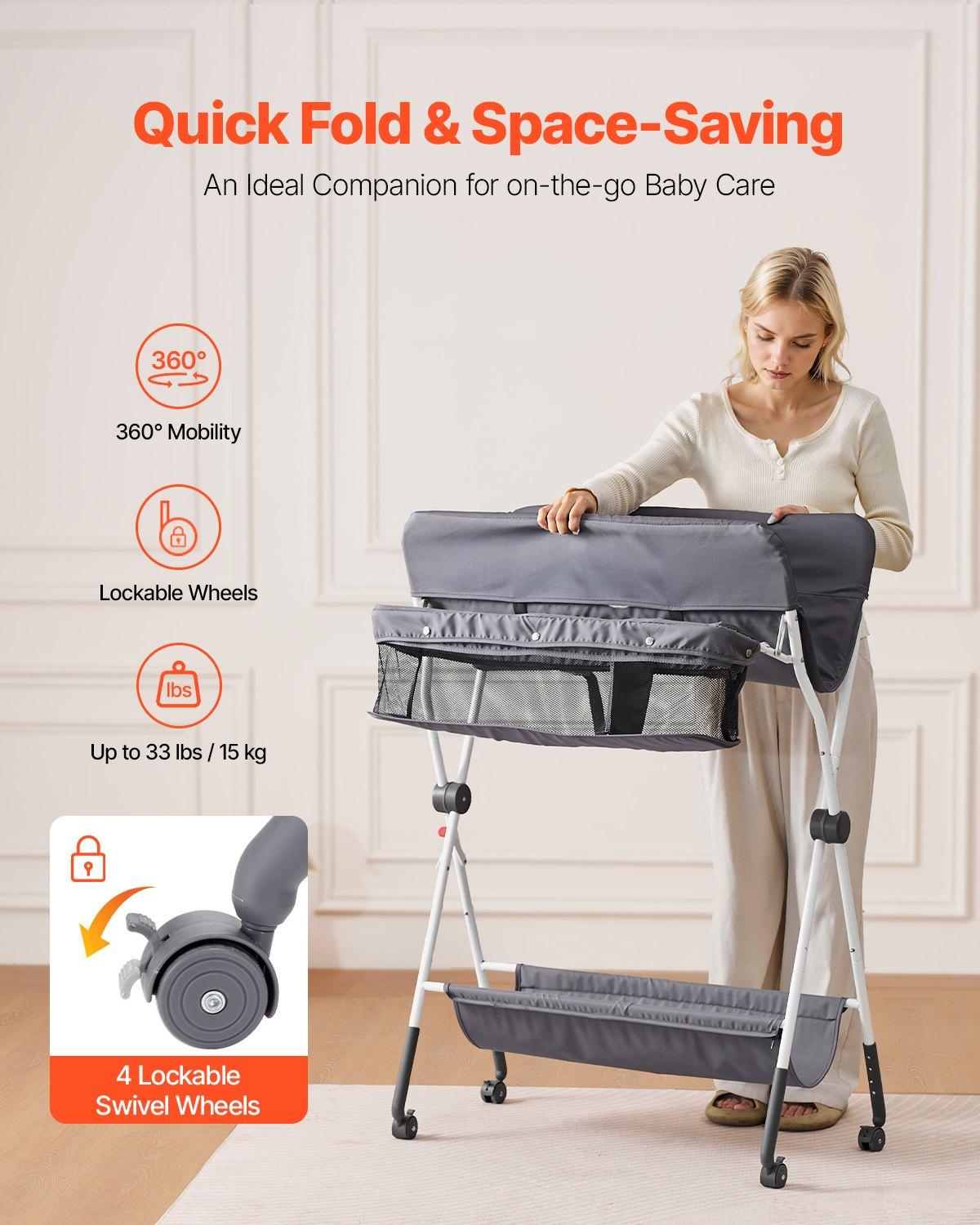 VEVOR Baby Changing Table, Foldable Diaper Change Station with Side Basket, Adjustable Height Portable Changing Table with Lockable Wheels, Multi-Functional Storage Organizer Nursery, Dark Gray