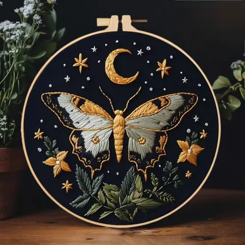 Beginner Embroidery Kit, Hand Embroidered Elegant Butterfly Moon Cross Stitch Set, Includes Printed Cotton Fabric, Threads, Needles, DIY Craft Supplies, Flower Embroidery, Embroidery Design Set, Handmade Embroidery, Embroidery Kit For Beginners