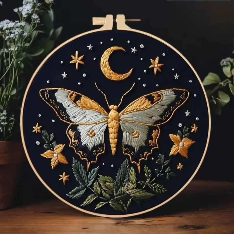 Beginner Embroidery Kit, Hand Embroidered Elegant Butterfly Moon Cross Stitch Set, Includes Printed Cotton Fabric, Threads, Needles, DIY Craft Supplies, Flower Embroidery, Embroidery Design Set, Handmade Embroidery, Embroidery Kit For Beginners