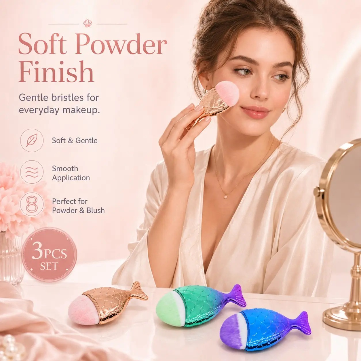 3 Pcs Mermaid Fish Makeup Brushes Set, Soft Fluffy Bristles, Foundation Blush Powder Brushes, Cute Fish Shape Face Makeup Tools