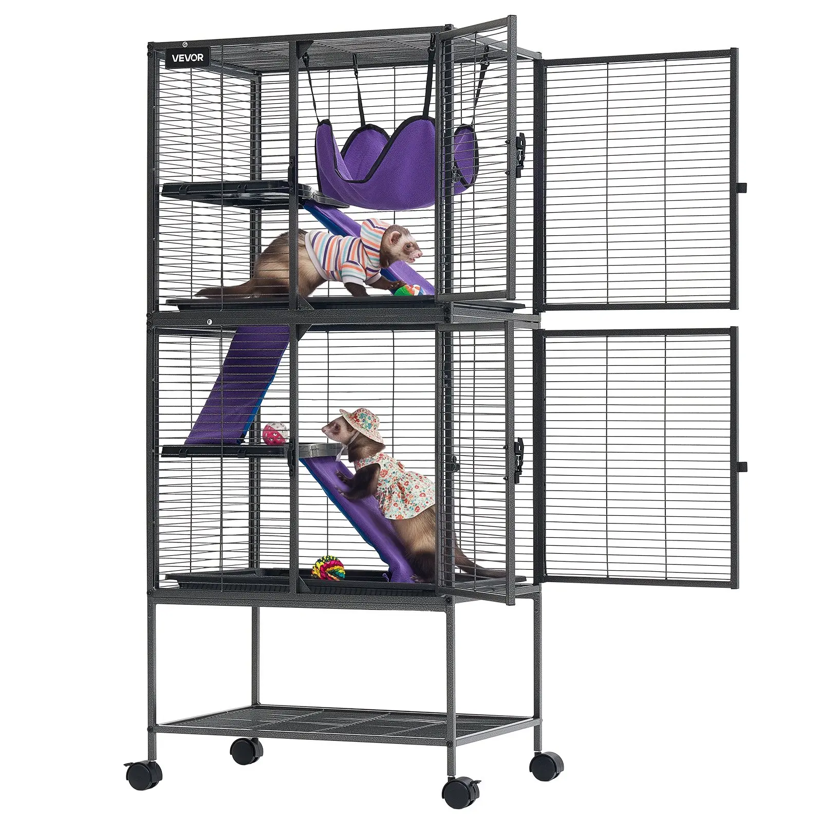 【Black Friday】4-Tier Height Rolling Small Animal Cage, 54.3" H Metal Frame with Wheels Attached, 0.55" Wire Spacing, Hammock, Ramps, Tray Doors for Ferret