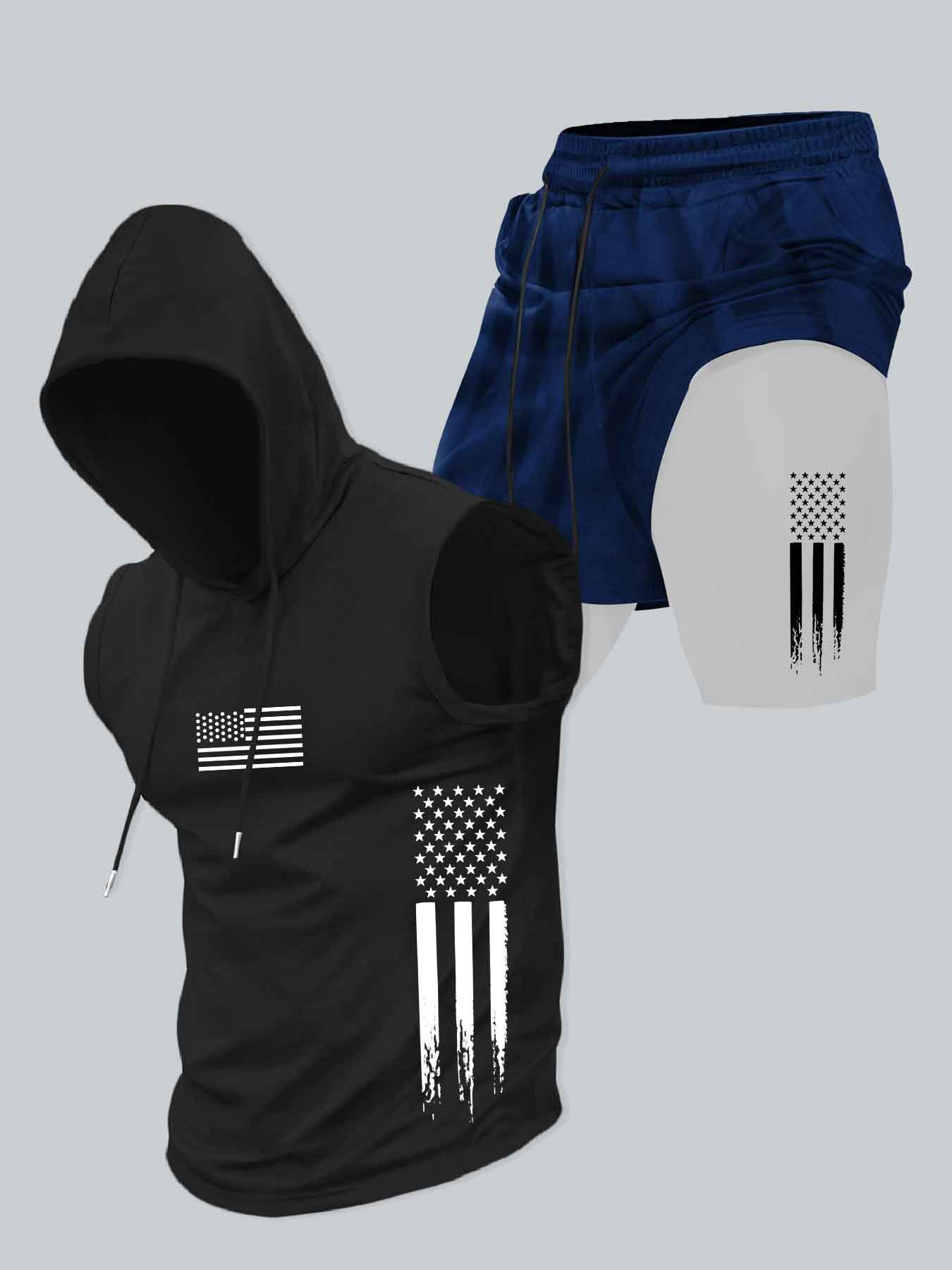 Two-Piece Set Men's American Flag Print Hooded Tank Top & Shorts Set, Regular Fit Casual Athletic Fashion Activewear Sleeveless Top & Shorts, Men's Summer Clothes