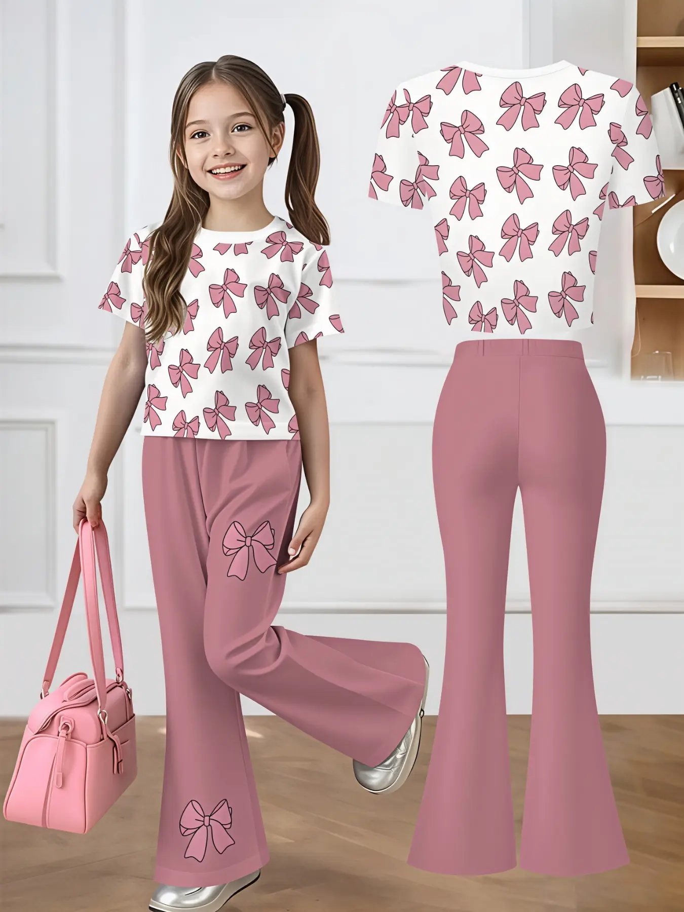 Minimal coquette lightweight summer two piece micro elastic flare leg trousers, all over pink bow print top for girls daily outdoor popular aesthetic matching set