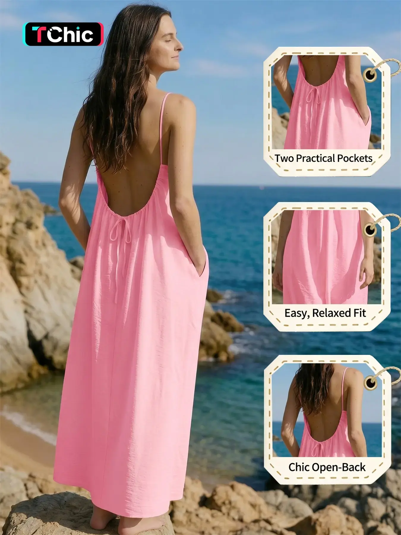 Summer Women's Long Nightdress, Elegant Plain Strappy Sleeveless Back Tie Loose Fit, Comfortable Dual Pockets, Casual Home Sleepwear