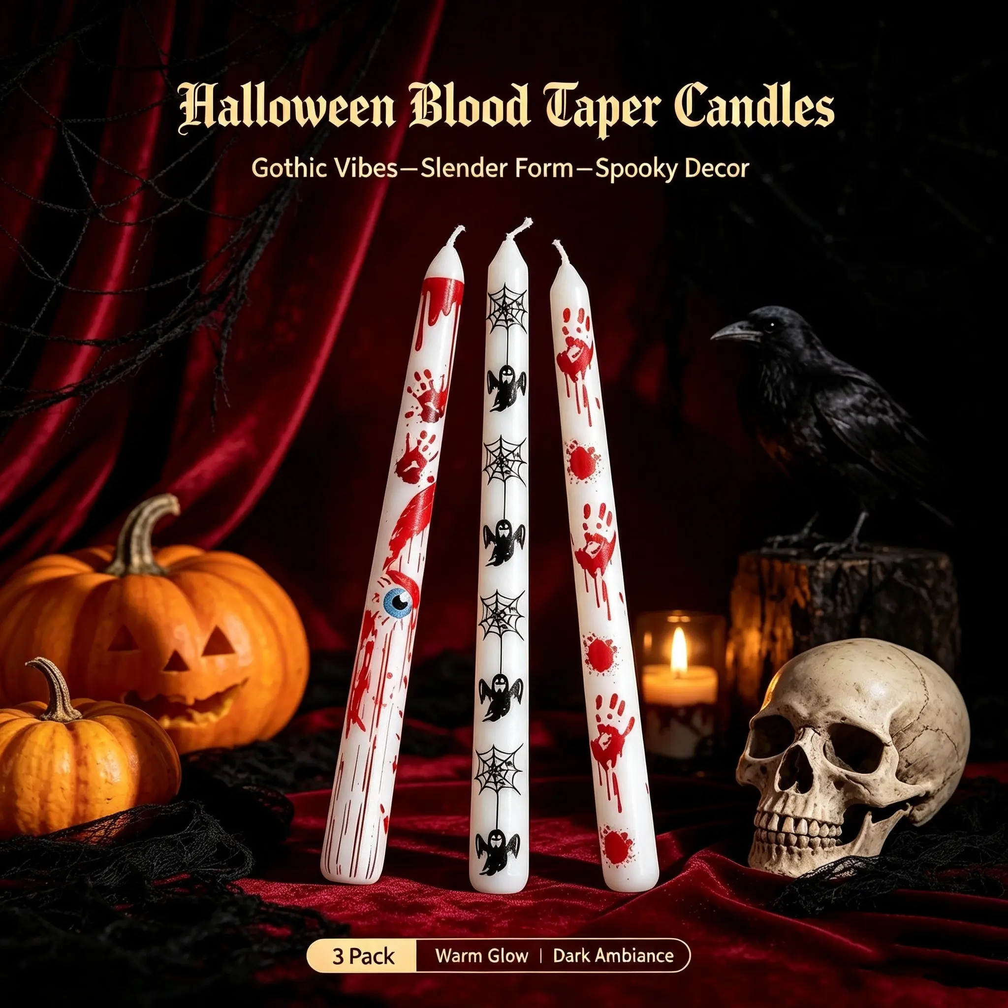 Halloween Taper Candles 2-Pack, 9.84 Inch Unscented Smokeless, Gothic Spooky Design, Party Decor, Haunted House Gift