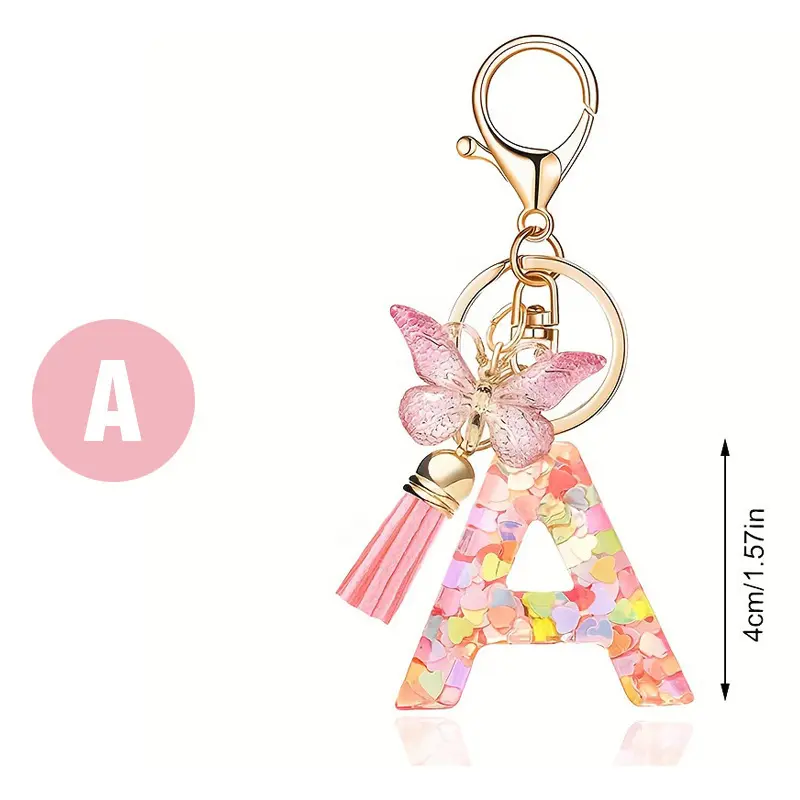 Pink Sequin Resin 26 Alphabet Letter Keychain With Butterfly Tassel Charms, Cute Custom Initial Pendant Accessory, Sweet Matching Gift For BFF Girlfriends Women, Fashion Bag Hanging Ornament Daily Key Chain Decor summer,Christmas,Themed,Labubu,Doll,Outfit