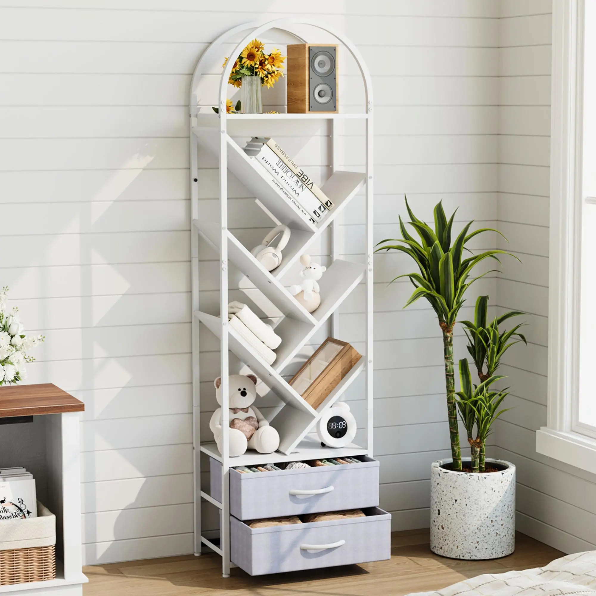 55" Industrial 4-Tier Arched Top Tree Bookshelf with Sturdy Frame & 2 Fabric Drawers, Tall Narrow Bookcase Organizer for Small Spaces, Home Office Bedroom, 4-Tier Shelf, Industrial Look