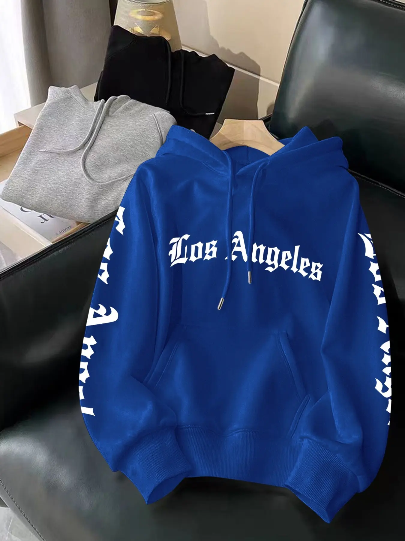 Los Angeles Gothic Letter Print Hoodie, Unisex Oversized Fitted Design, Soft Knit Fabric, Drawstring Hatband, Adjustable, Kangaroo Pocket, All Seasons