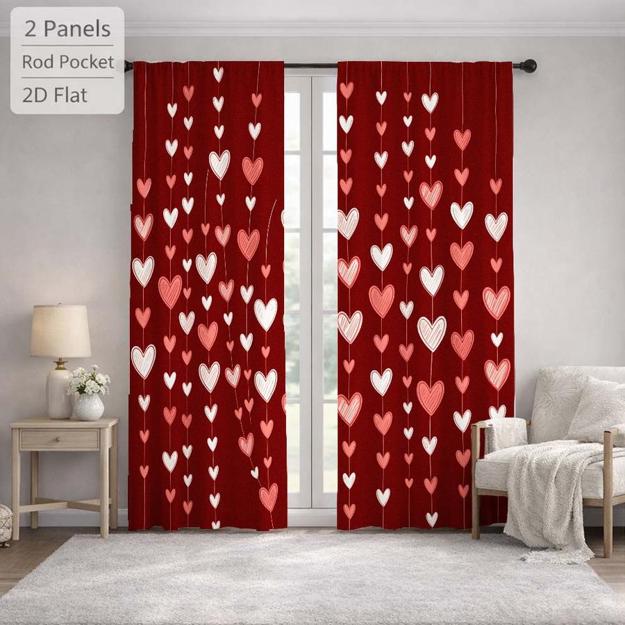2Pcs Romantic Red Heart Pattern Sun Blocking Curtains Digital Printed Rod Pocket for Bedroom Office Kitchen Living Room Study Home Decor Soft Light Filter Easy Installation