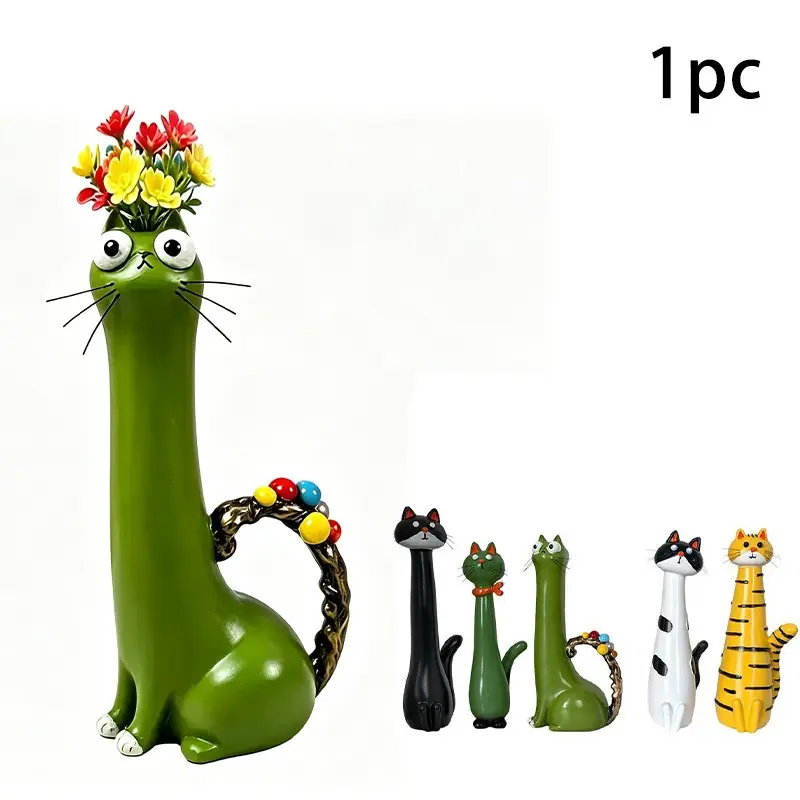 Handmade Vintage Bohemian Cat Vase, Boho Vase, Decorative Cat-Shaped Resin Flower Pot for Bohemian Home Décor, Desk & Shelf Decoration, Unique Gift for Cat Lovers