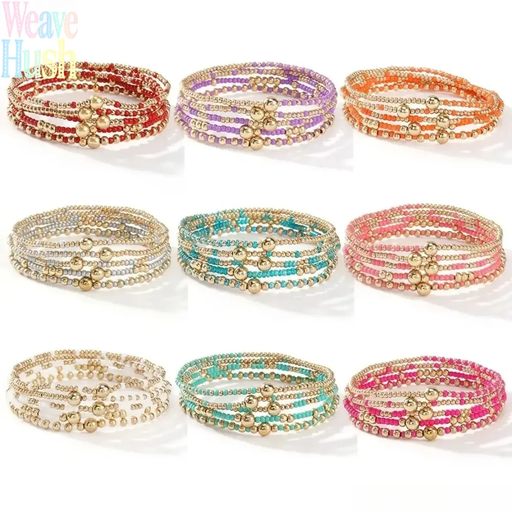 Women's Handmade Stackable Golden Tone Beaded Bracelets - Chic Minimalist Bohemian Wristbands, Elegant Daily Wear Jewelry, Luggage Bag Chain Accessory, Bohemian Bracelets, Golden Tone Bracelet