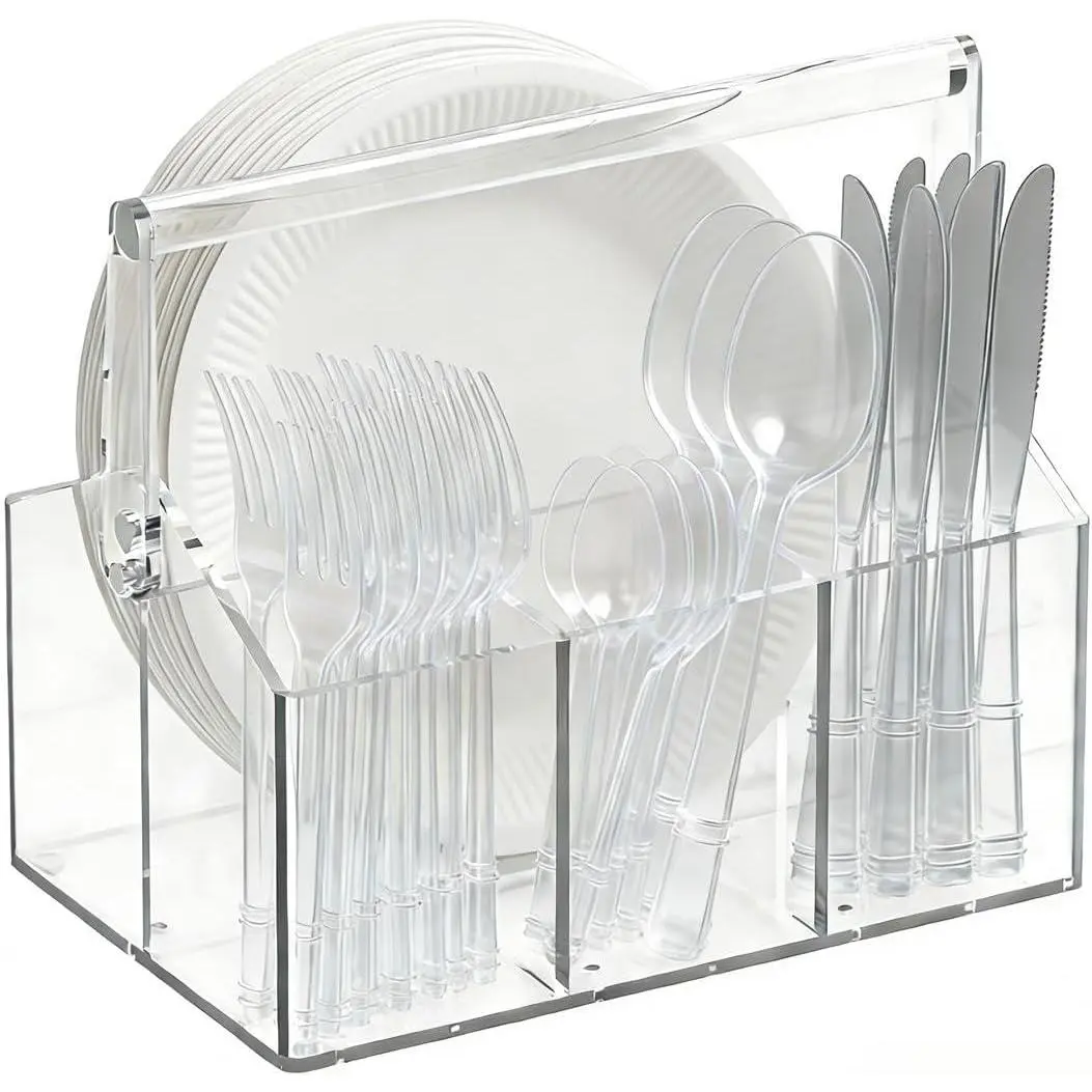 Acrylic Utensil Holder & Paper Plate Holders -Clear Space-Saving Cutlery Caddy and Silverware Organizer for Kitchen, Table, Buffet, Party, Picnic, Camping Indoor Outdoor Use
