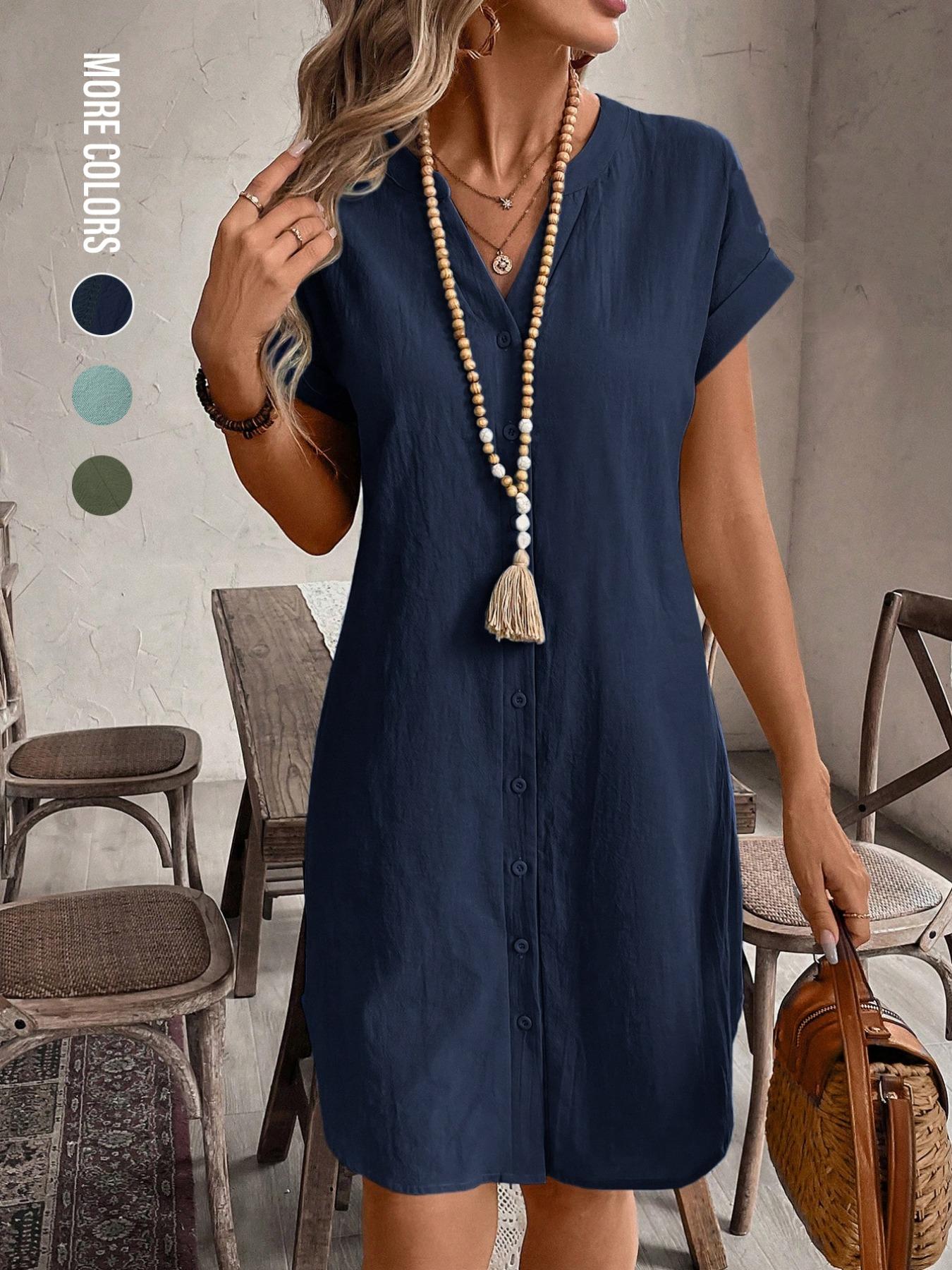 Women's Plain Notched Neck Batwing Sleeve Button Front Dress, Casual Short Sleeve Short Dress for Summer, Ladies Clothes for Daily Wear, Casual Everyday Wear