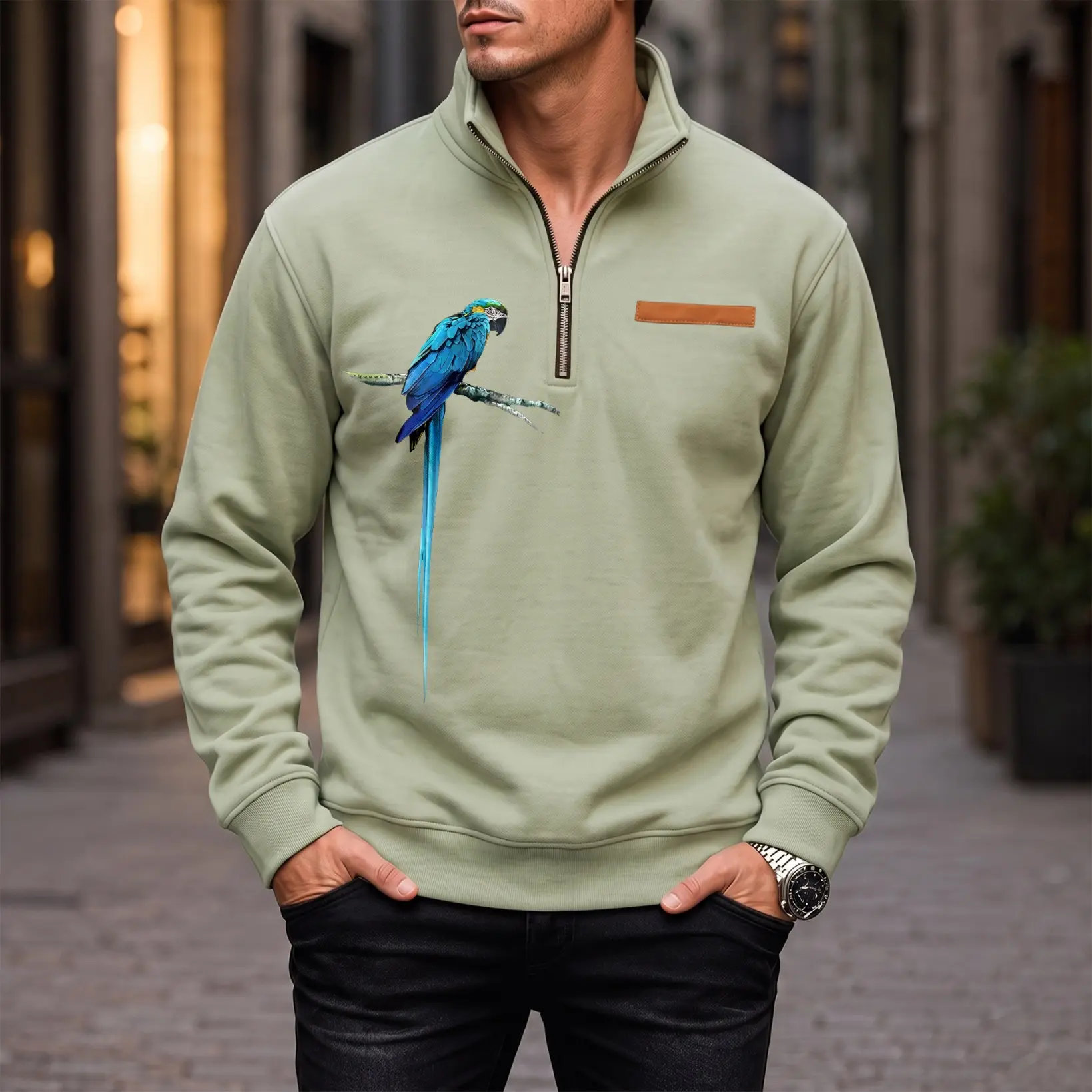 Men's Quarter Zip Pullover Sweatshirt, Casual Soft Fleece with Parrot Graphic, Loose Fit Stylish Longsleeve for Outdoor Fall Winter Menswear