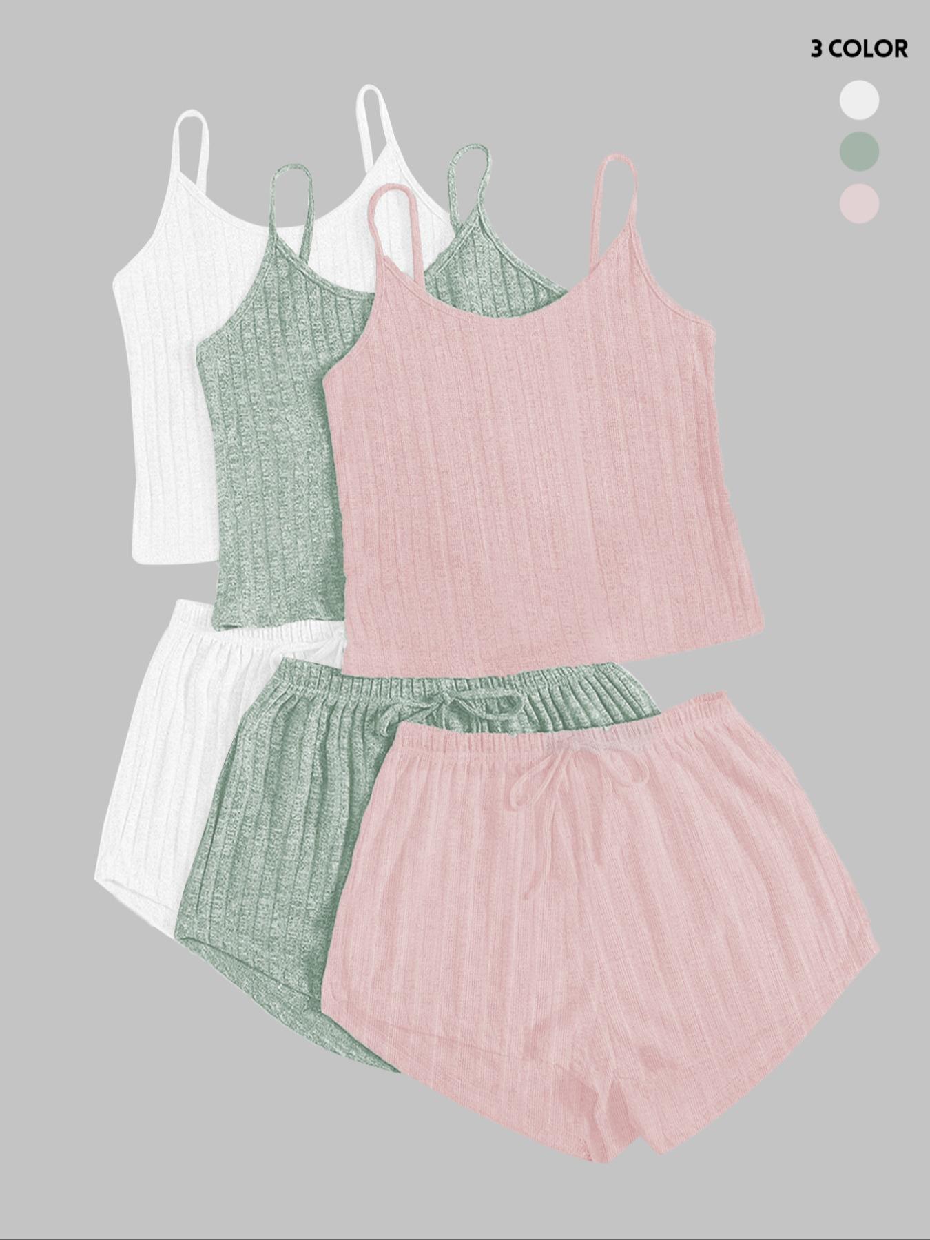 Women's Plain Knitted Stretchy Crop Cami Top & Tie Front Shorts Set, Summer Clothes, Casual Camisole & Shorts Set for Summer, Women's Clothes