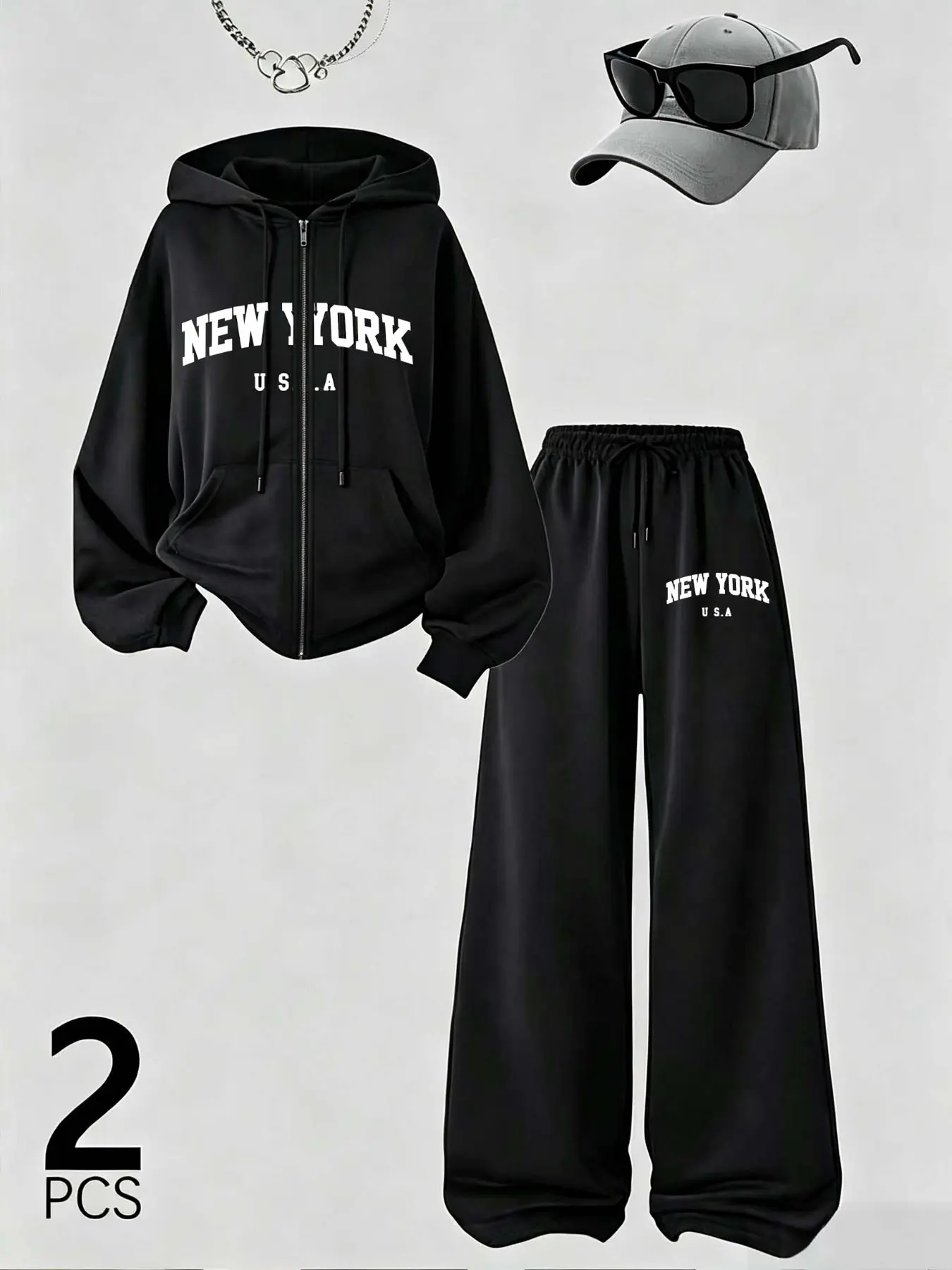 2 Pcs Women New York Letter Print Zip-Up Hoodie & Wide Leg Sweatpants Set, Casual Tracksuit Loungewear, Fall&winter