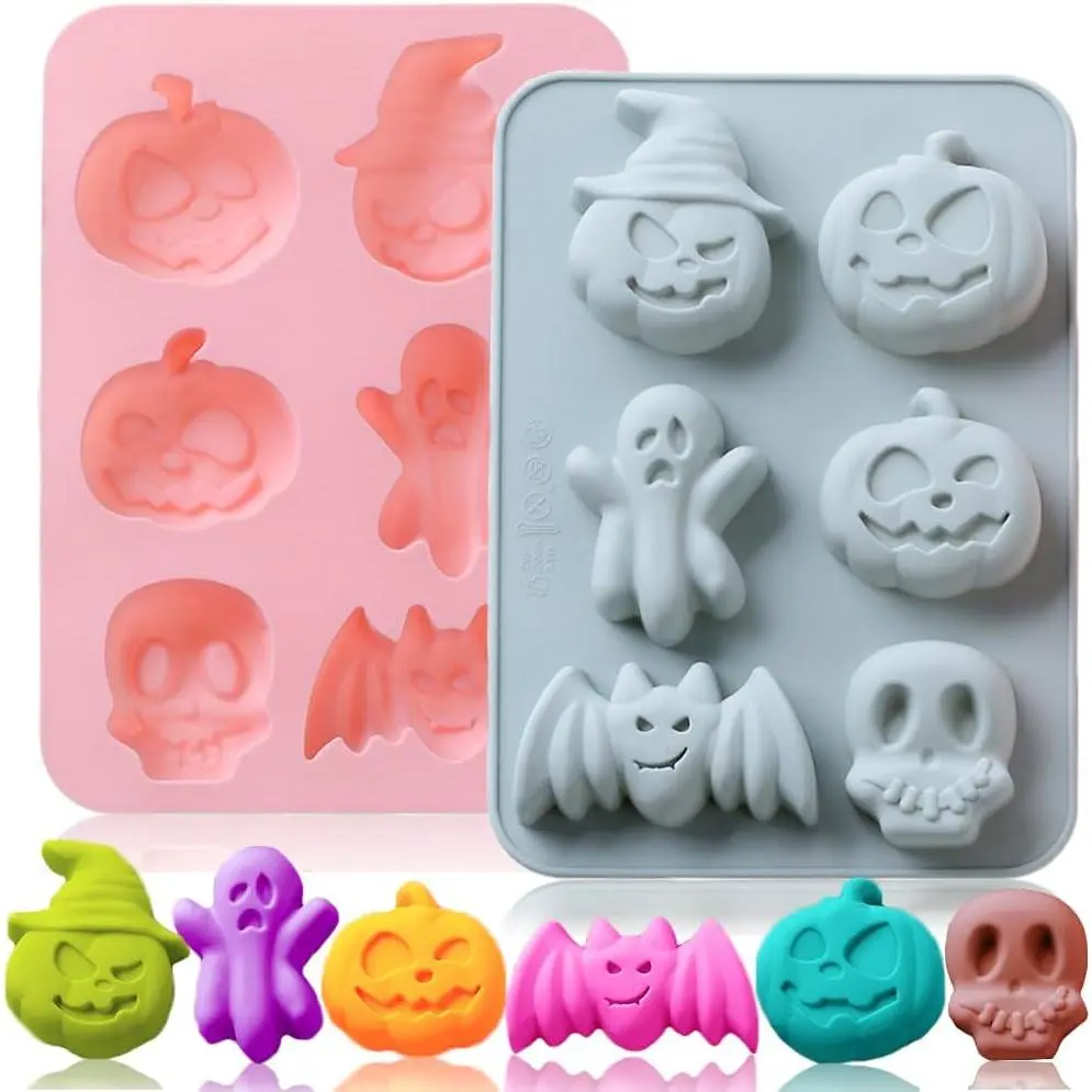 2 Pack Halloween  Cake Mold Pumpkin Bat Skull  Shape  Mold for  Candy  Jello  Crayon Melt Biscuits Soap  Baking Mold Making Kit