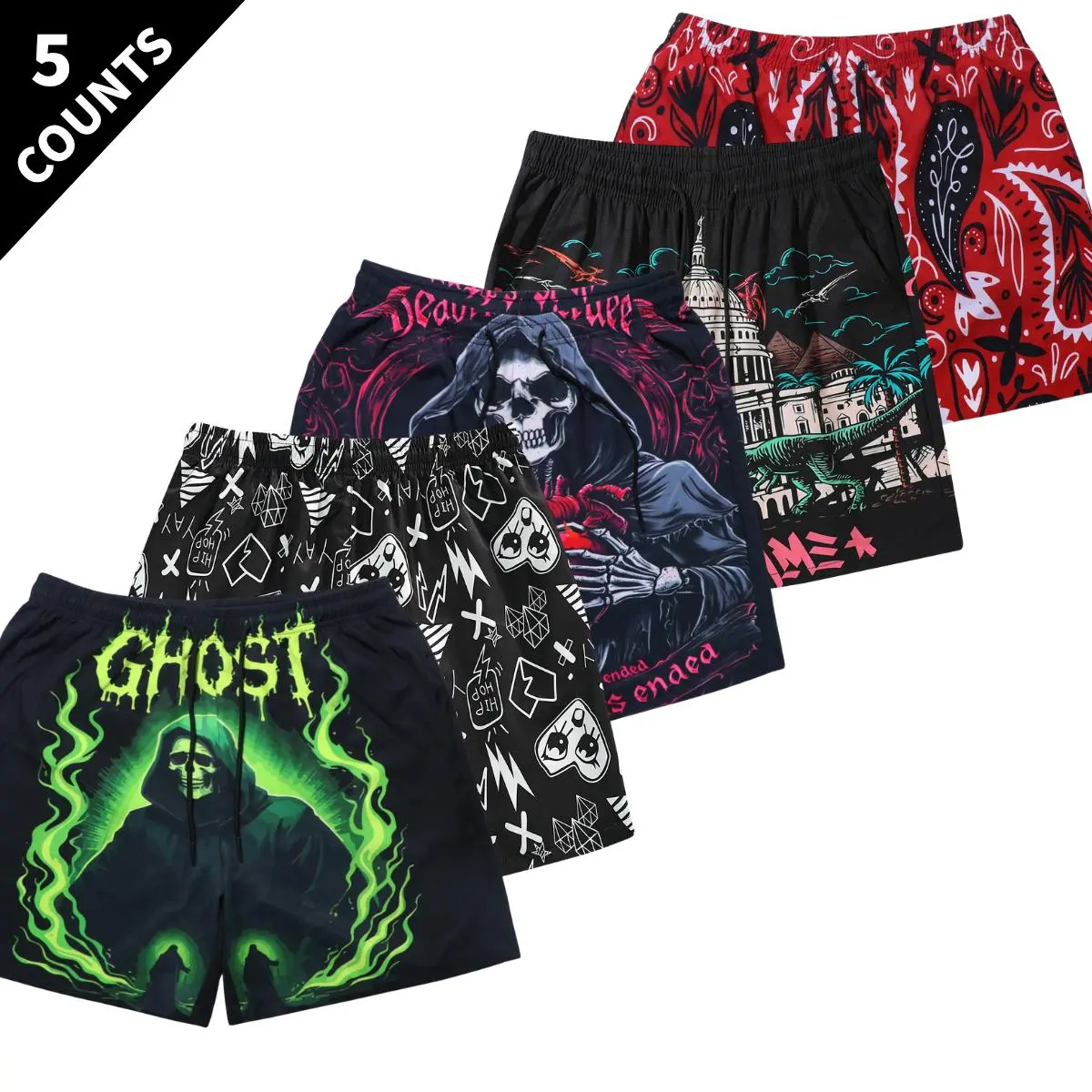 Men 5-Pack Printed Sports Shorts, Drawstring Side Pocket Quick Dry Shorts, Regular Fit Summer Running Fitness Casual Daily Beach Wear Men's Breathable tech training short luxury performance neutral-colored everyday home