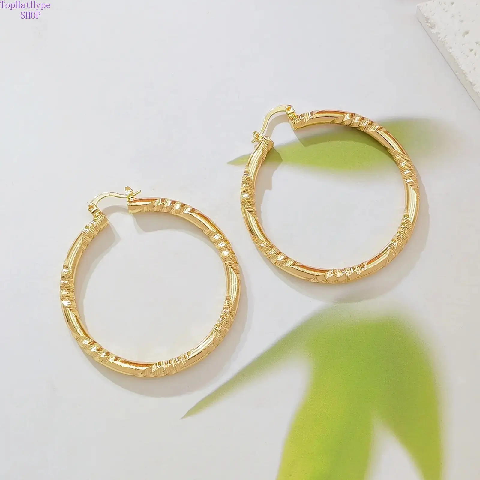 14K Gold Plated Textured Hoop Earrings for Women, Multi Tone Tri Color & Solid Embossed Large Click Top Huggie Hoop Earrings Classic Big Circle Loop Earrings Jewelry Gift