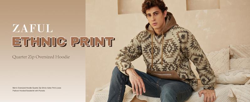 ZAFUL Men's Oversized Hooded Sweatshirt with Quarter-Zip, Ethnic Aztec Print, Loose-Fit Pullover Hoodie with Pockets Casual Streetwear Casual Streetwear Looks