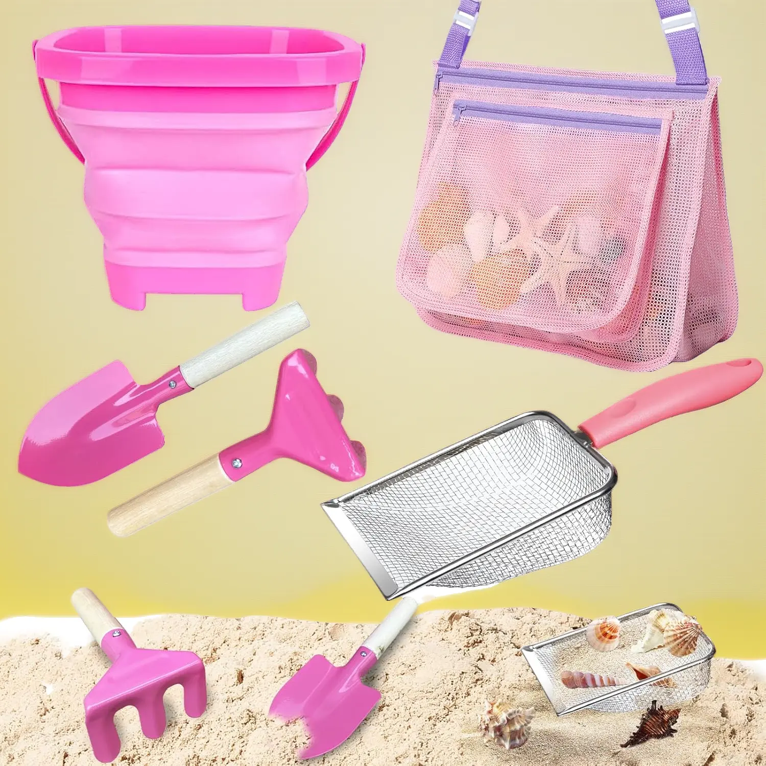 5 Pcs Beach Sand Toys Set with Metal Shovel & Metal Rake, Foldable Beach Bucket, Sand Sifter, Mesh Beach Bag for Shell Collecting – Durable Summer Outdoor Kit