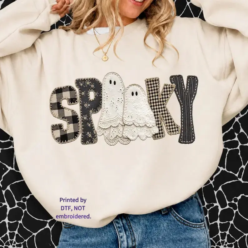 Unisex Crew Neck Patchwork Gingham Spooky Ghost Casual Sweatshirt - Halloween Sublimation Top, Lace Ghost Graphic Tee, Vintage Halloween Gift For Her