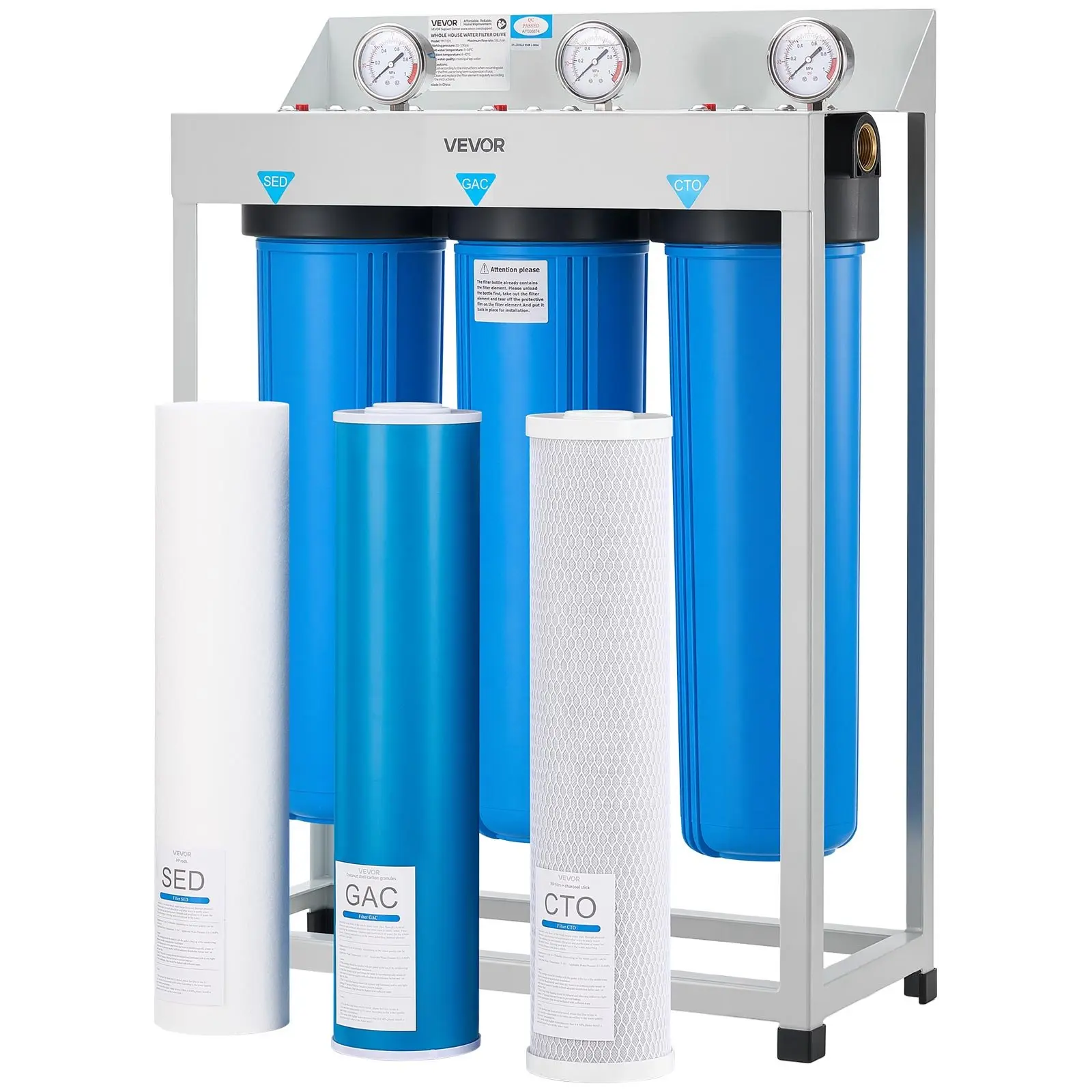 VEVOR Whole House Water Filter System, 3-Stage 4.5"x20" Purifier with Polypropylene Sediment, Activated Carbon GAC/CTO Cartridges, Reduces Chlorine, Chemicals, VOCs, Rust, Improves Water Taste for Long-Lasting Use