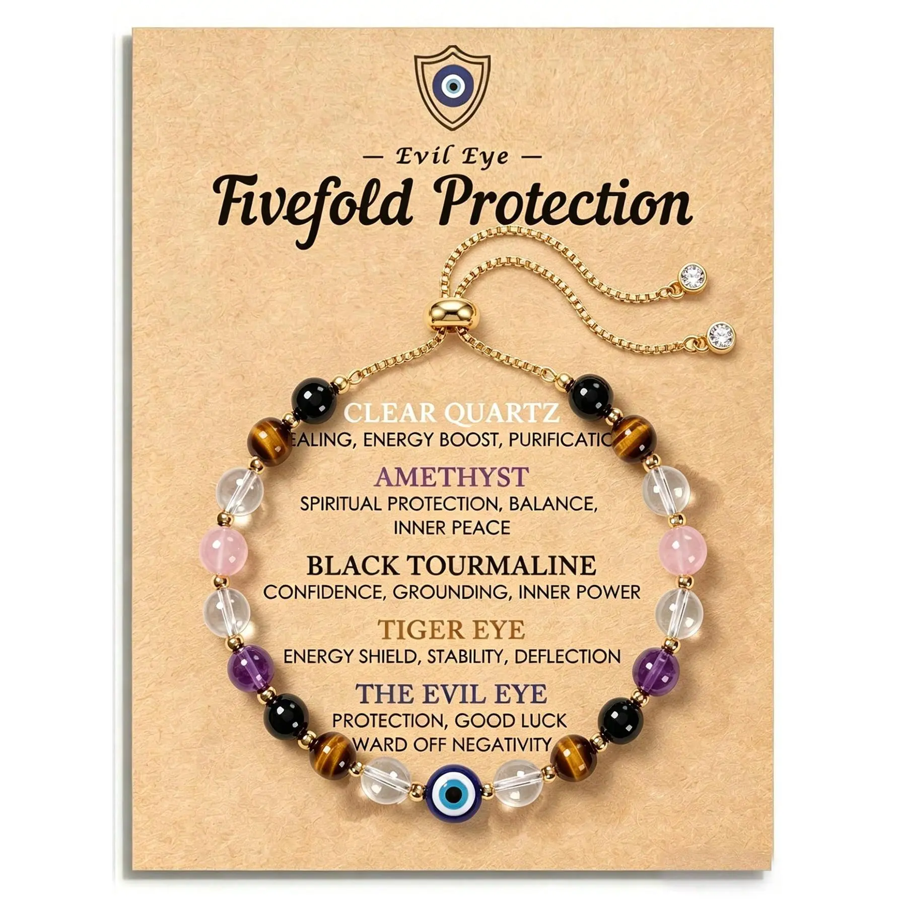 Women's Spiritual Healing Crystal Bracelet - 5-Fold Protection Evil Eye, Tiger Eye Stone, Adjustable Jewelry with Meaning Card, Easter Basket Filler, Birthday Gift, Spirituality